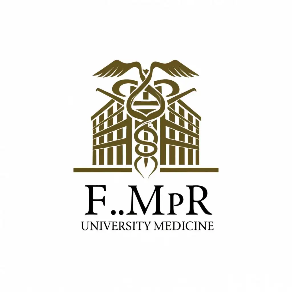 a logo design, with the text 'F.M.P.R', main symbol: logo of modern university medicine with symbol of pharmacy snake with building with arabic pattern and innovation and movement symbol, complex, to be used in Real Estate industry, clear background