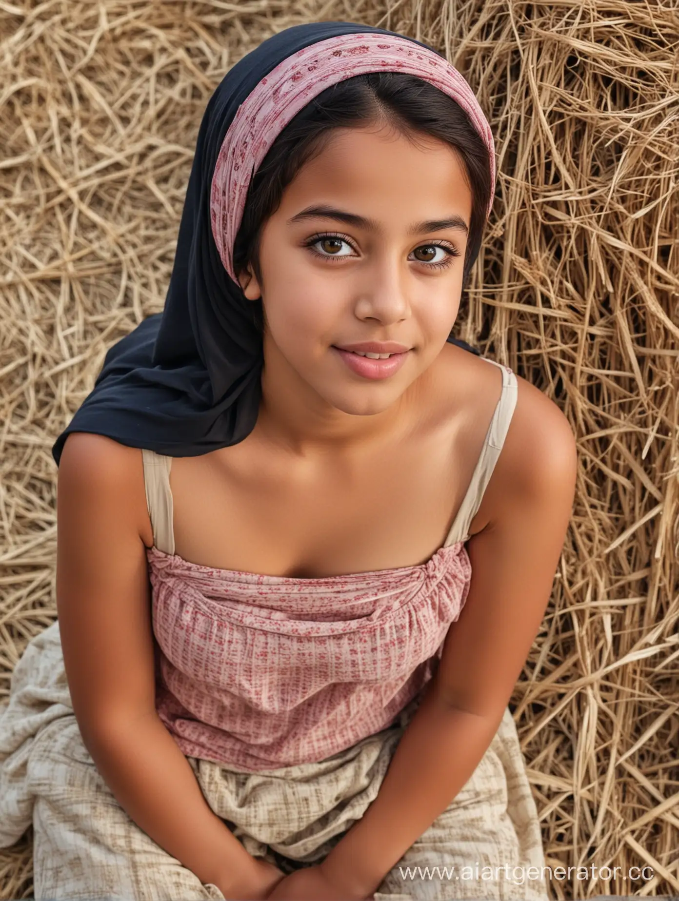 A little egyptian girl. 12 years old. She wears a hijab, strapless tank top, underpants. Close pov shot. Close up. From above. 8k sharp. Pretty face. Sits on the hay bales. Pursed lips. So beautiful, so cute. Opens mouth. Pov. Looks horny. Sharp eyes. Tongue is out.