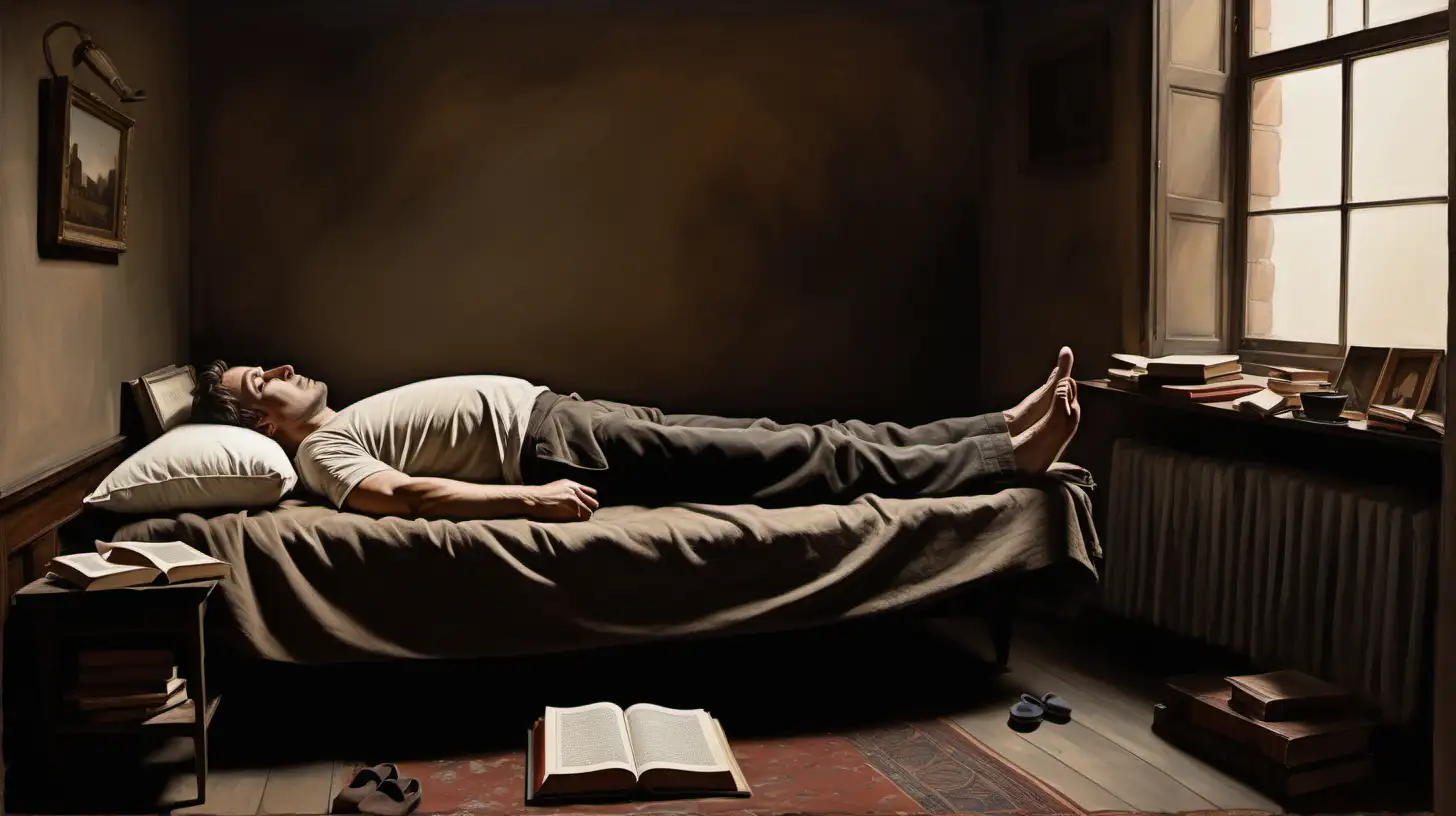 یک مرد روی تخت دراز کشیده و  خوابیده. دیوارهای اتاق طوسی رنگ  است. یک پنجره توی اتاق است. فضای اتاق تاریک است مرد به جای بالش کتاب زیر سرش گذاشته است. و روی بدنش کتاب چیده است.  یک جفت دمپایی کنار کاناپه روی زمین است. این نقاشی را 