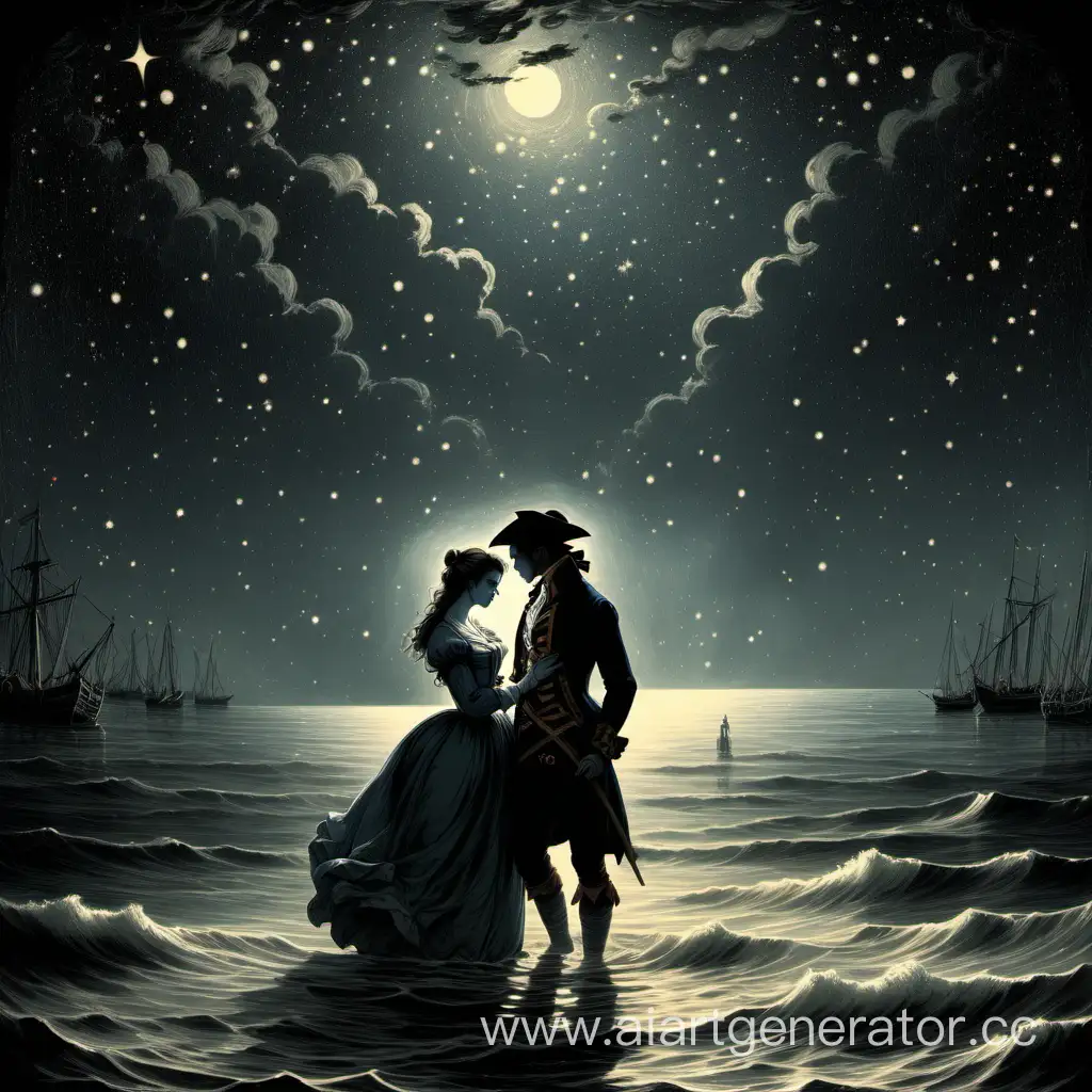 Две тени у воды , холодный берег, звезды, романтика , грусть, обложка, звезды , 18 век