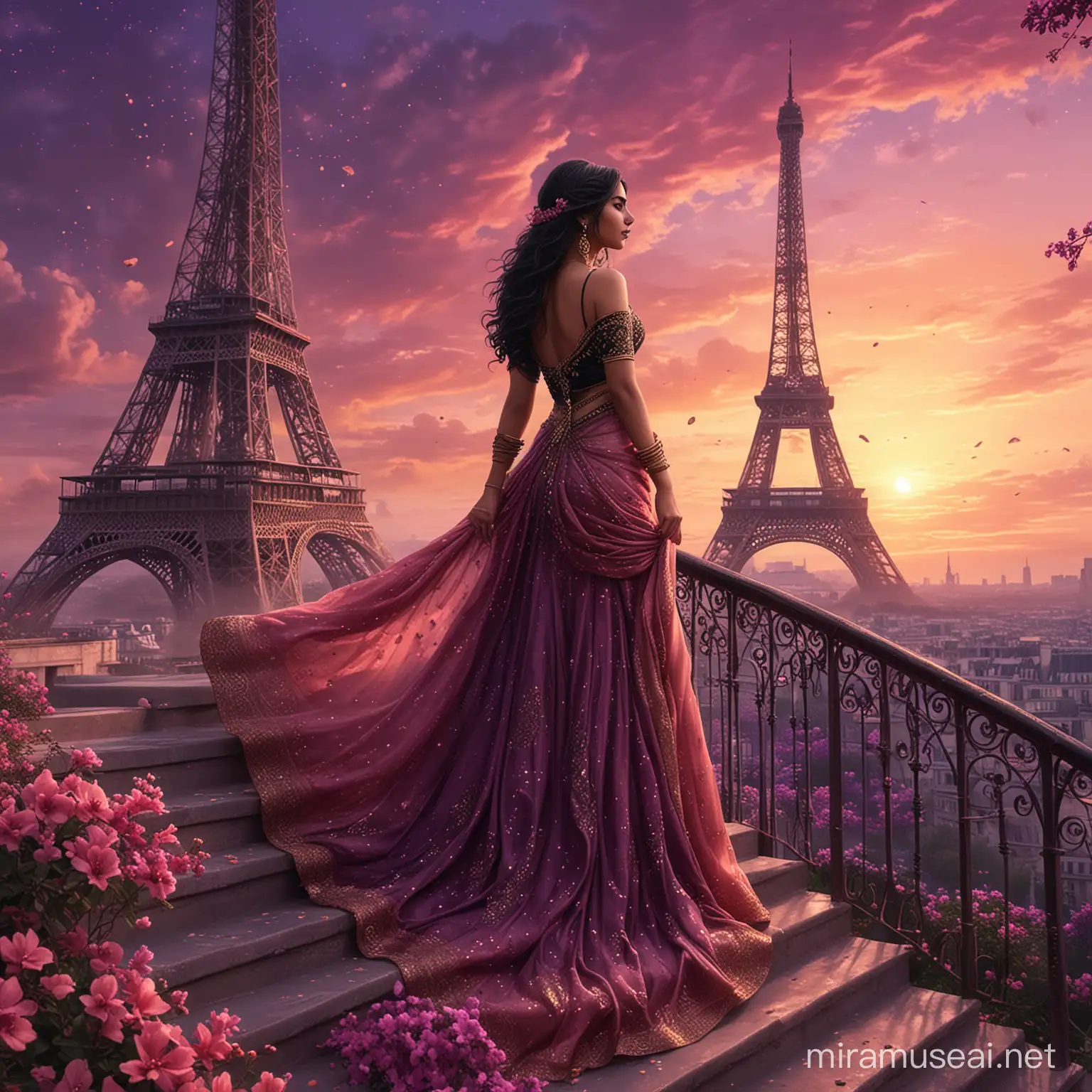 A beautiful indian princess, from profile standing up in stairs,  in a cloudy dark pink sky, surrounded by dark purple flowers and dust. Long black wavy hair, long elegant salmon and black dress, sari dress, haute couture. Background effel tower decorated with golden light. Background golden nebula in the sky. 8k, fantasy, illustration, digital art, illustration art, fantasy art, fantasy style