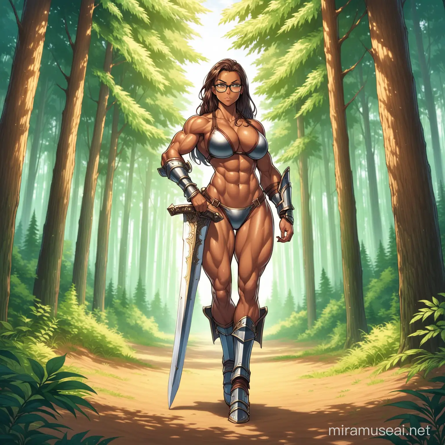 Female, glasses,athletic, tonedmuscular,full body tan, large bust, armored bikini,large sword in right hand,forest
