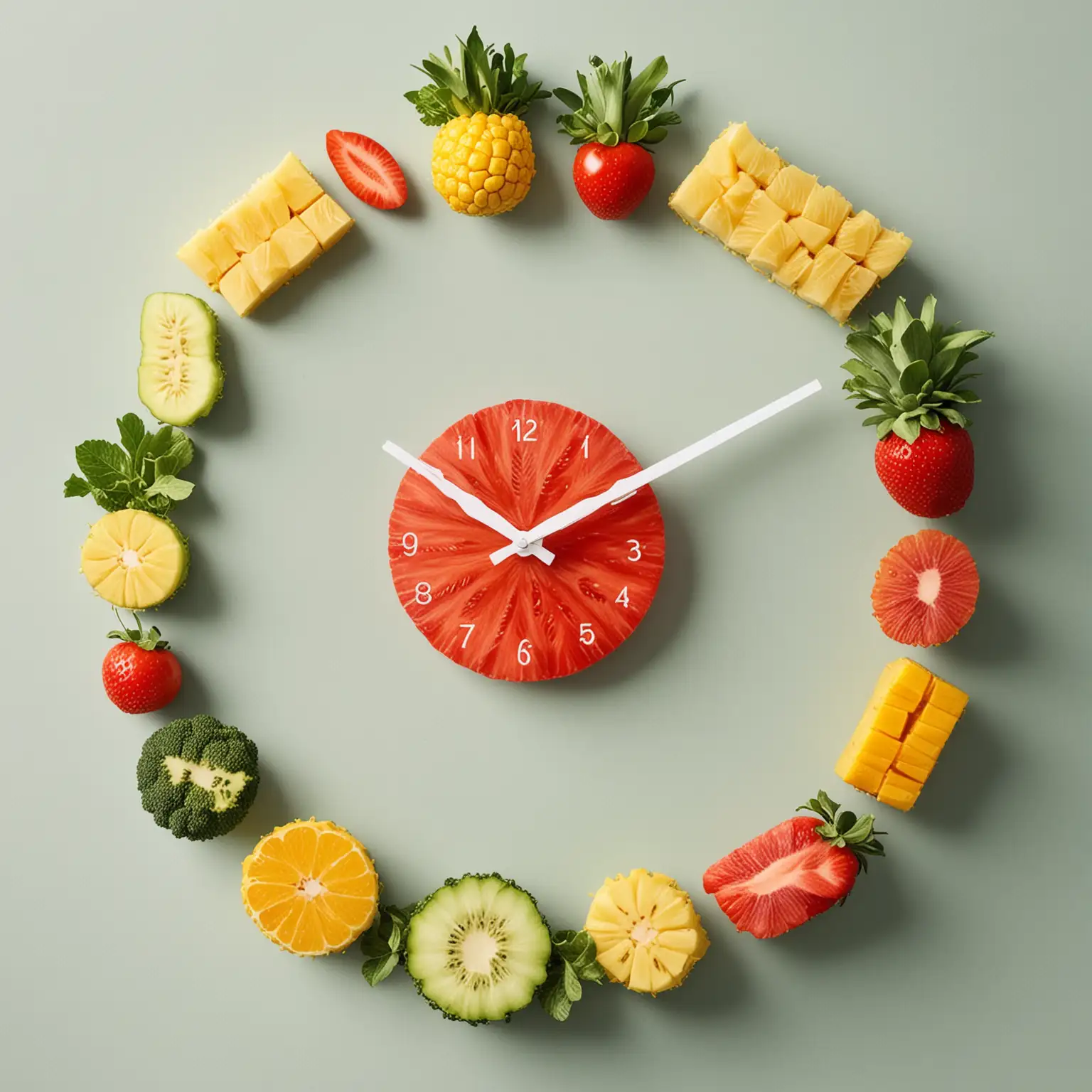 simple clock made from only fruits like pineapple, strawberries, grapefruit and vegetables like corn, cucumber, broccoli, carrots, tomatoes, squash 