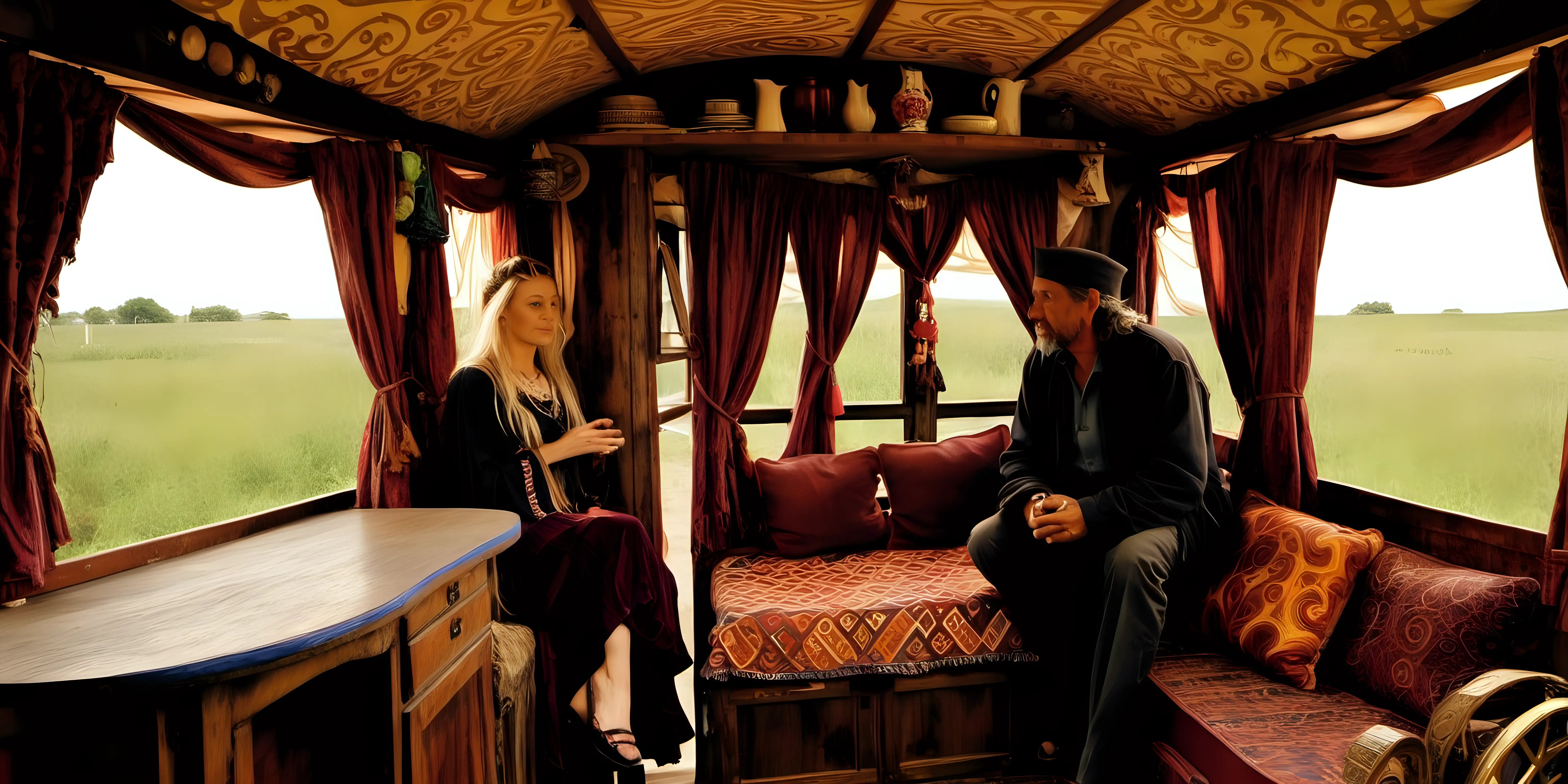 inside a bohemian gypsy wagon, there ia an open window with tapestry curtains  tied back on eithert side of the open window, there is dark coloured furniture  furniture , a gypsy man & woman are sitting inside the bohemian gypsy wagon, 
