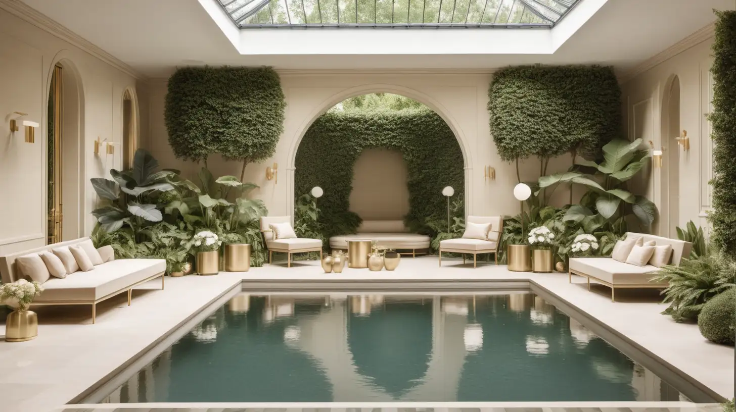 Modern Parisian swimming pool room; surrounded by lush gardens; beige, light oak, brass colour palette