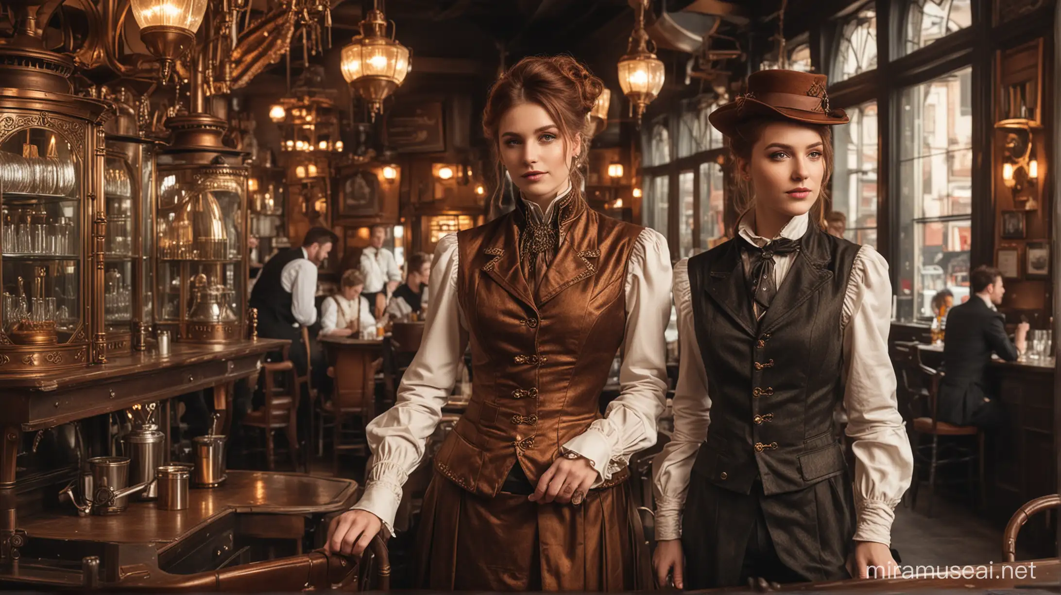 steampunk restaurant,  copper, gold, glass, men in victorian jackets, women in steampunk elegant dresses, much light