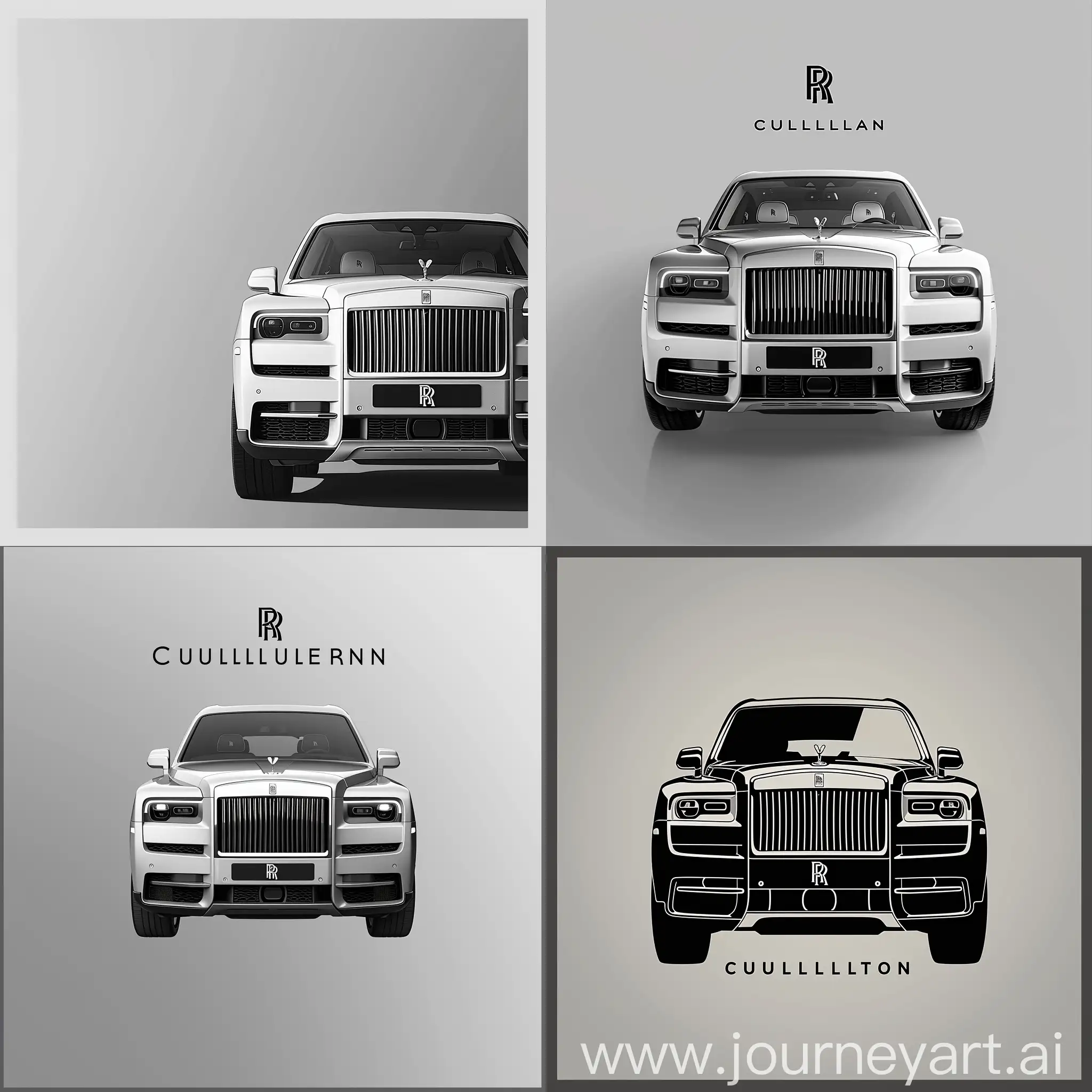 2D Минималистический логотип, градиентный Серо-белый фон. Изображен Rolls Royce Cullinan