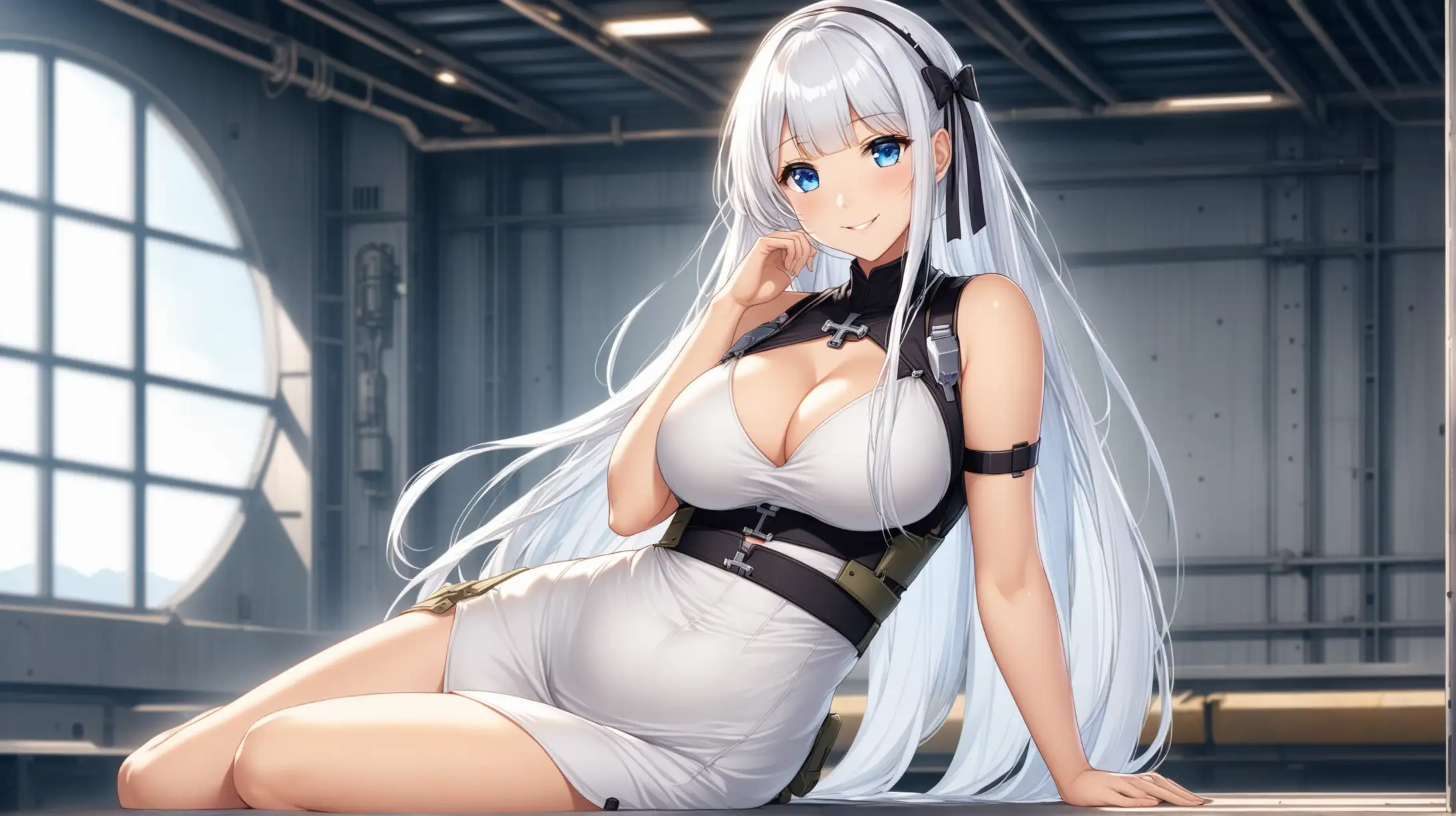 Draw the character Illustrious from Azur Lane, long hair, blue eyes, high quality, indoors, natural lighting, in a relaxed pose, wearing an outfit inspired from the Fallout series, smiling at the viewer