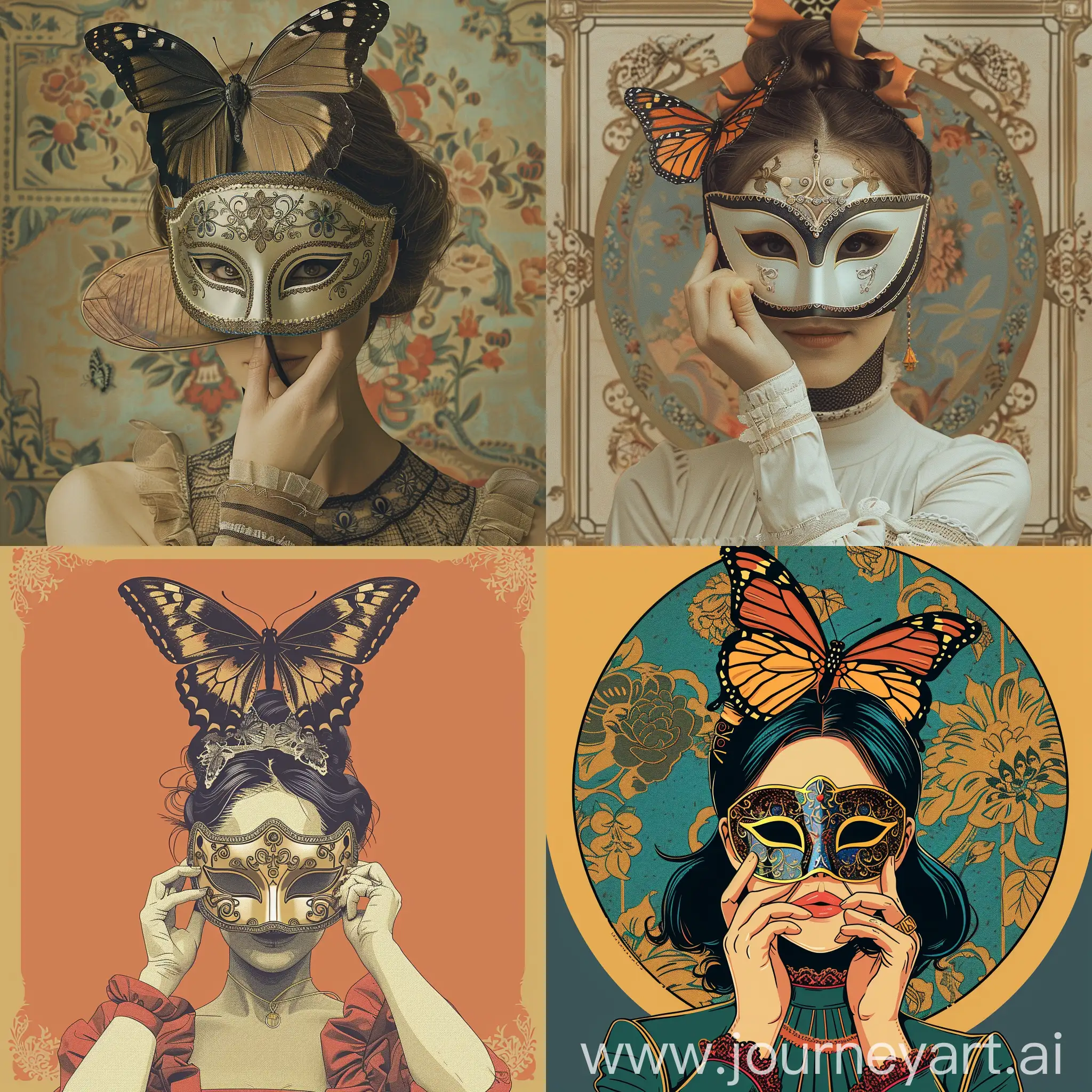 A woman holding a venitian mask in front of her face with a butterfly on her head graphic style
