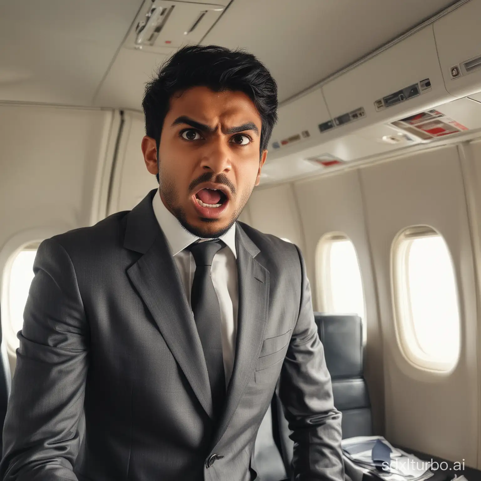 young indian business man angry inside a flight
