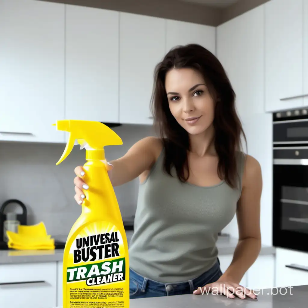 Brunette-Woman-Presenting-Yellow-Trigger-Universal-Cleaner-Trash-Buster-in-Home-Kitchen