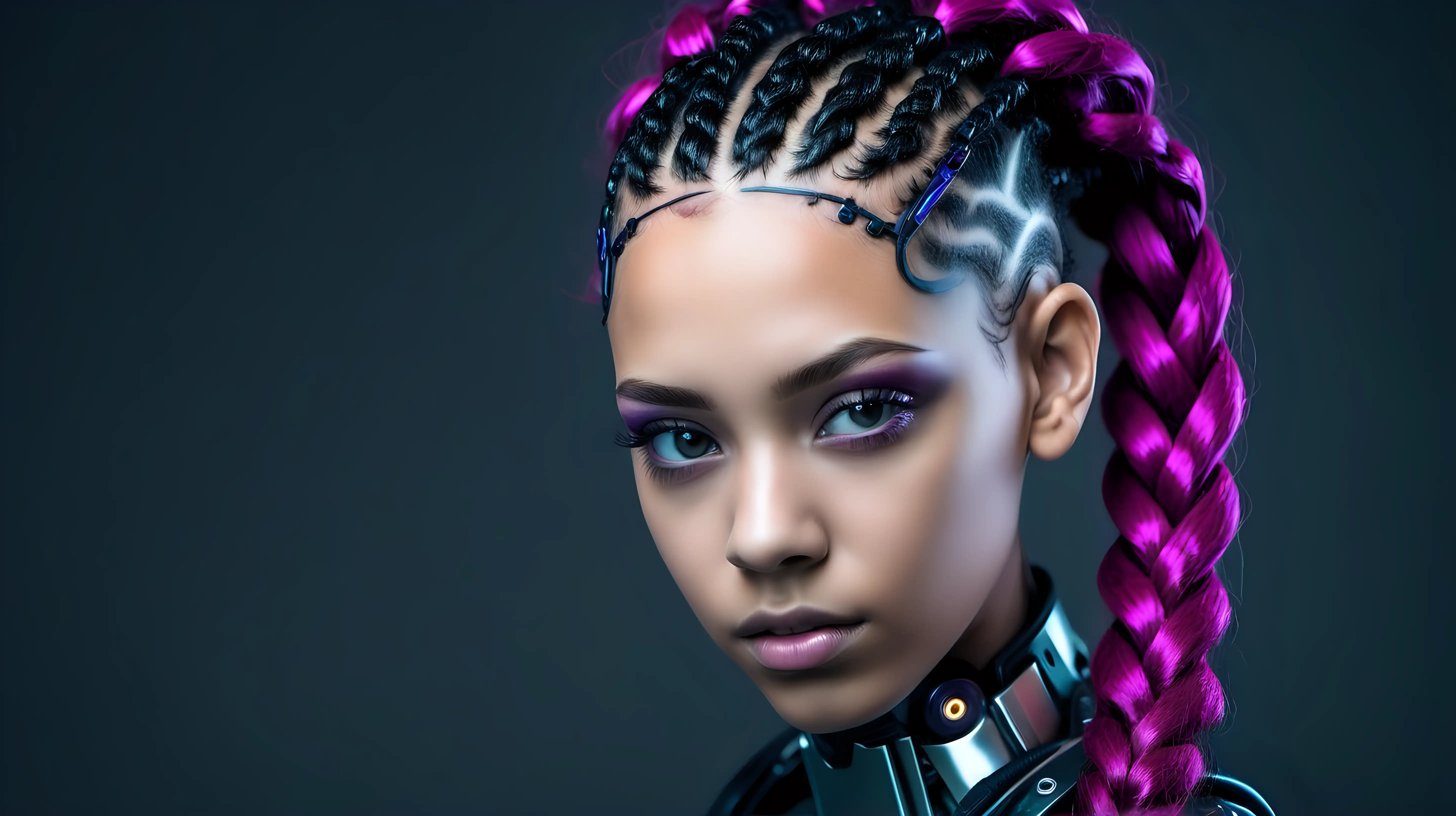 Gorgeous cyborg woman, 18 years old. She has a cyborg face, but she is extremely beautiful. Wild hair, futuristic braids. Magenta braids, black braids. European cyborg woman, white woman.