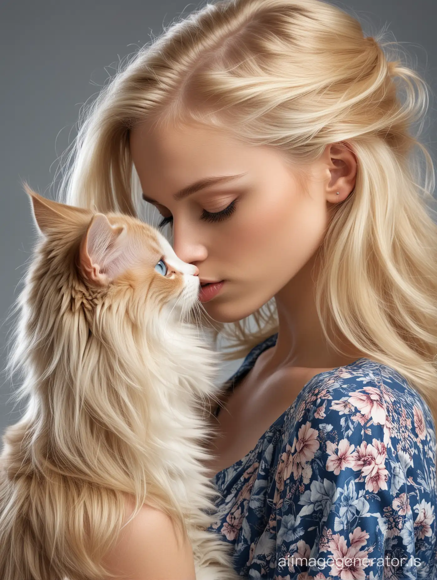 Iperrealistic blond fashion model, long hair, blue eyes, wearing sensual clothes, side view, kissing a cat