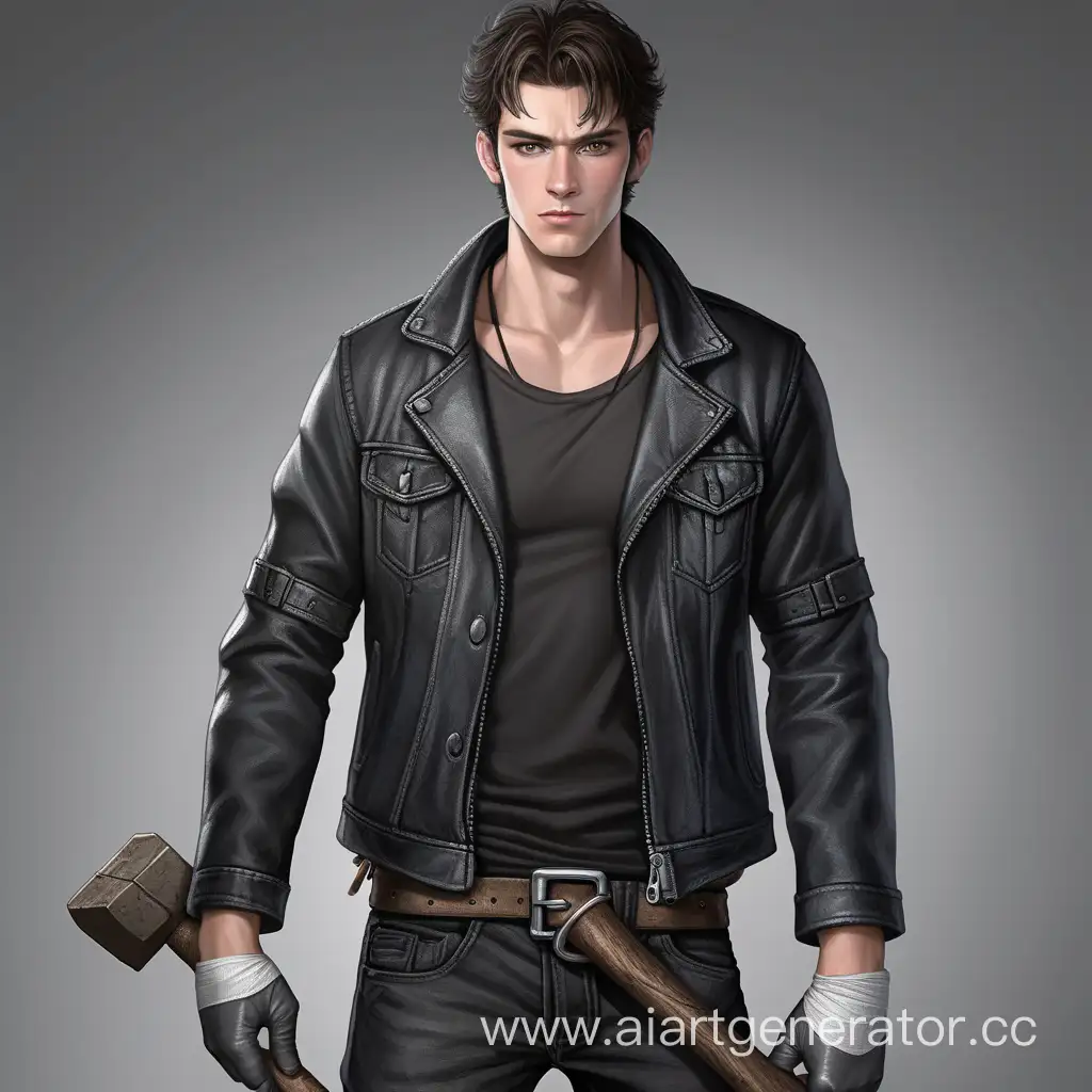 A very tall guy with a slight build, he has gray eyes and short dark brown hair, he wears black leather lace-up shoes, dark gray tight pants, a dark gray tight T-shirt with long sleeves, a black denim jacket is worn on top of it, a white medical bandage is wrapped around his wrists, he is in his hands Holds a long-handled sledgehammer
