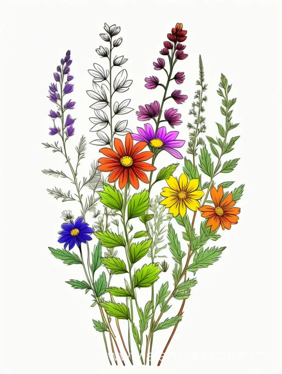 a colorful wildflower lines art, simple, herb, Unique floral, botanical ,grow in cluster, 4K, high quality, white background,