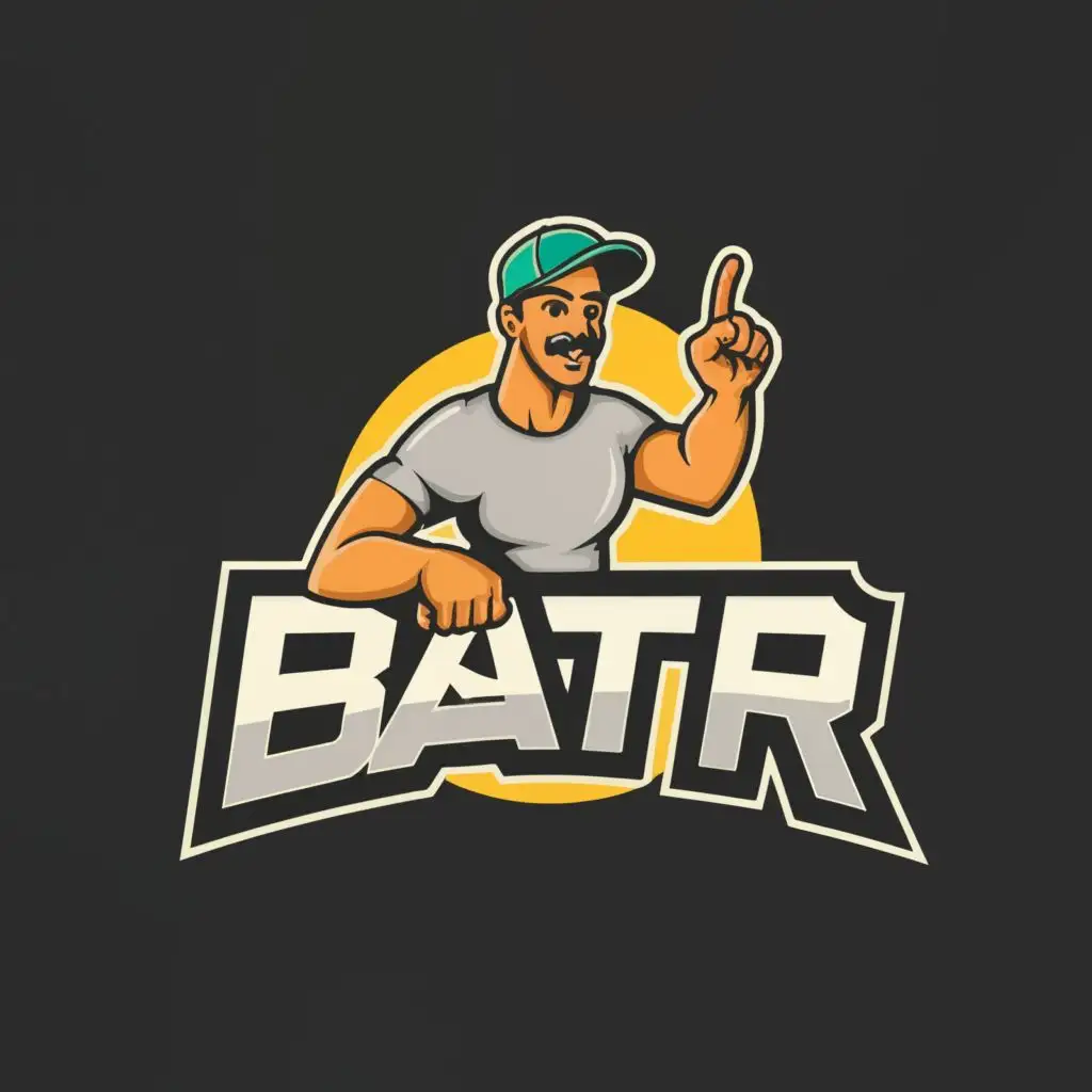 logo, An abstract character, a sporty guy with a mustache, wearing a cap and a T-shirt, points his finger in front of him, with the text "BATR", typography, be used in Entertainment industry