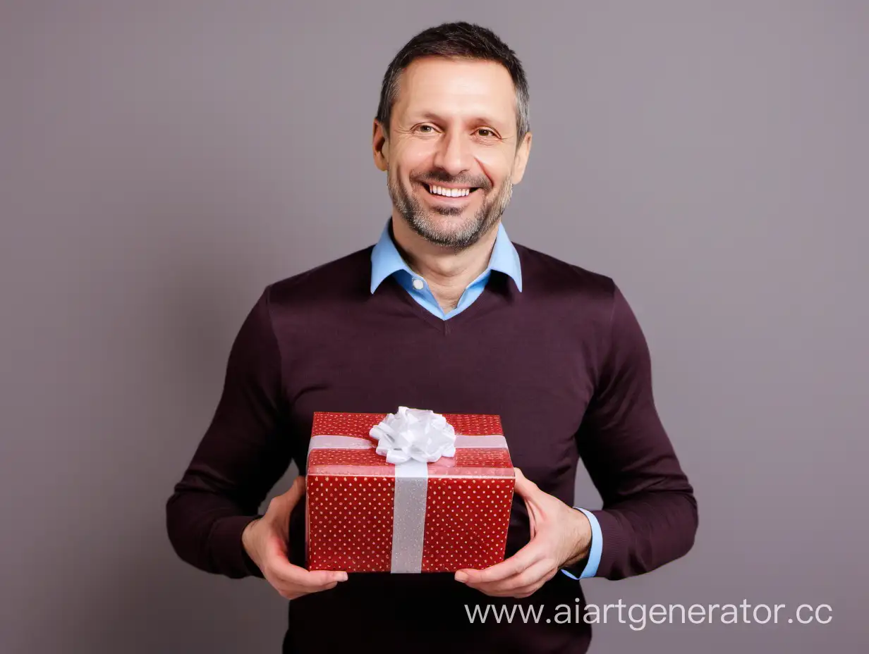улыбающийся мужчина 40 лет с подарком в руках

