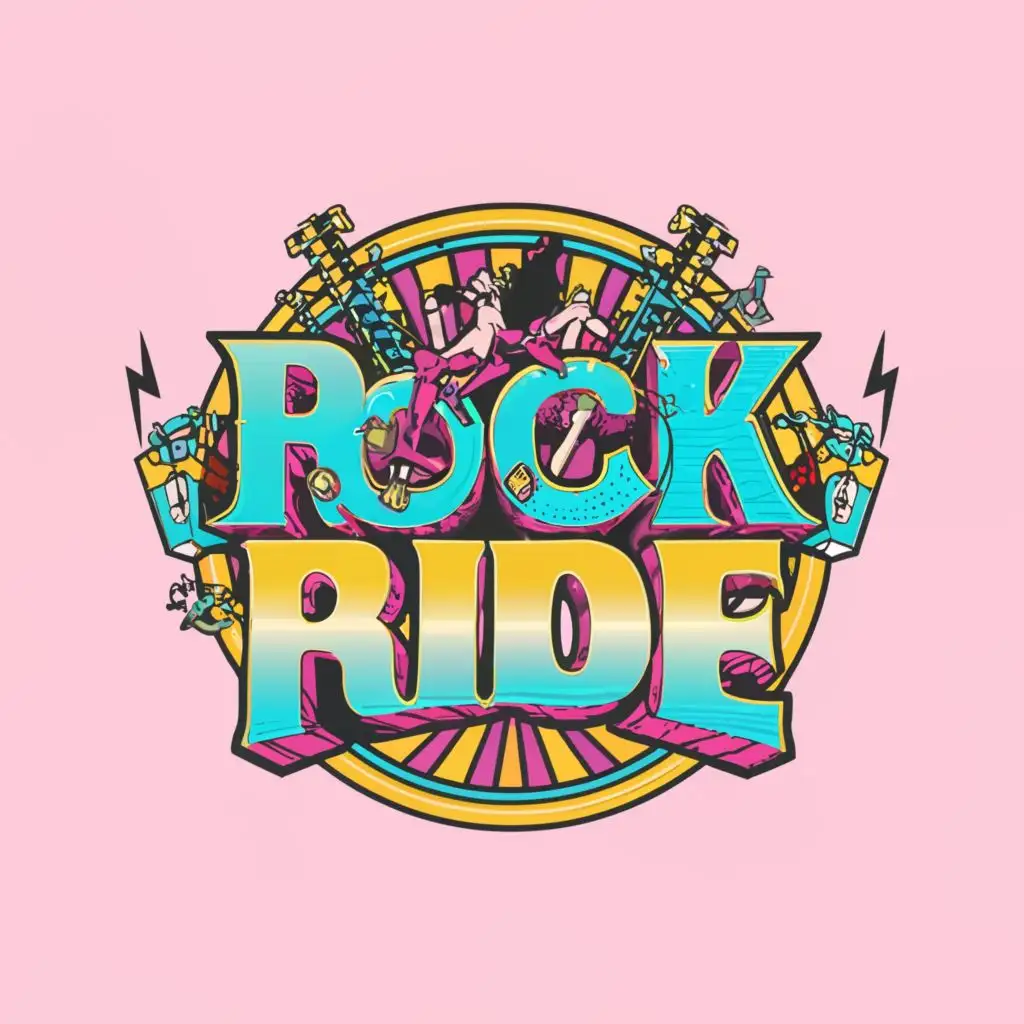 a logo design,with the text "ROCK RIDE", main symbol:Rock n roll ride having fun,complex,clear background