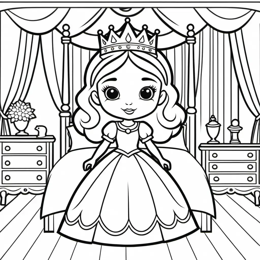 extremely simple, coloring pages for kids, young princess in her royal bedroom, cartoon style, thick lines, low detail, no shading--ar 9:11--v5