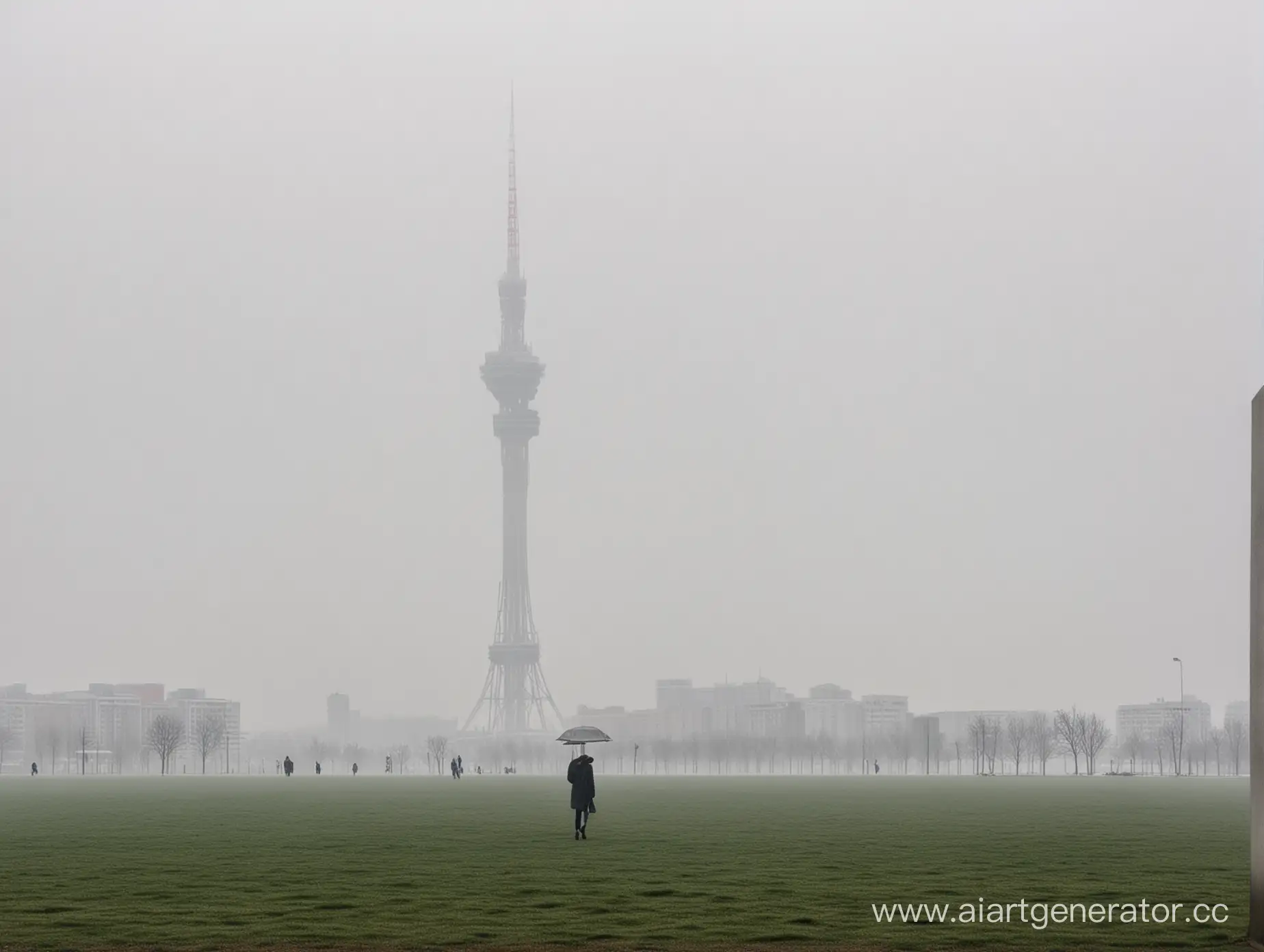 чистое поле, пасмурная погода, полдень, много тумана. Из тумана виднеется основание очень высокой башни похожей на останкинскую. На переднем плане видна девушка в полный рост идущая по направлению к башне