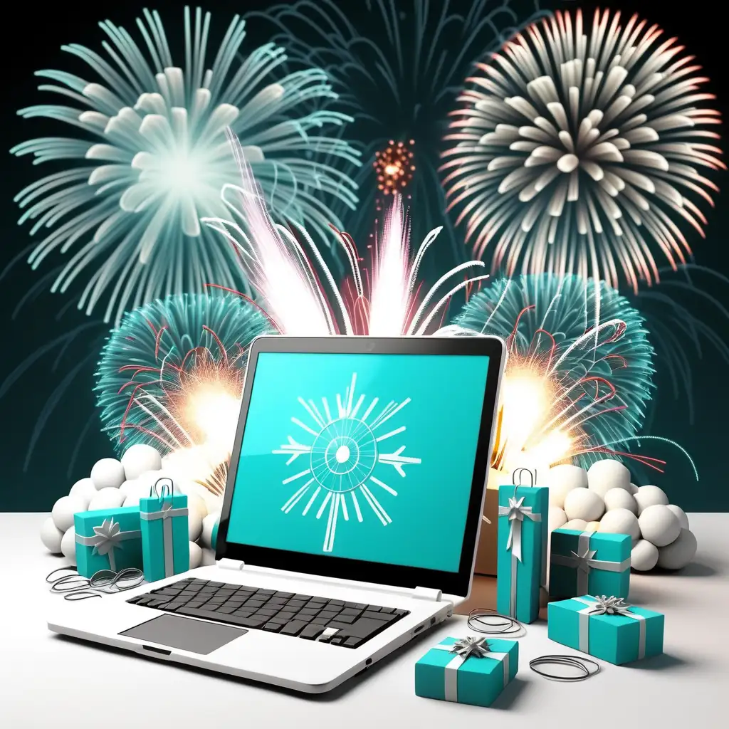 cyber security on new year's eve in turquoise and white colors with fire works
