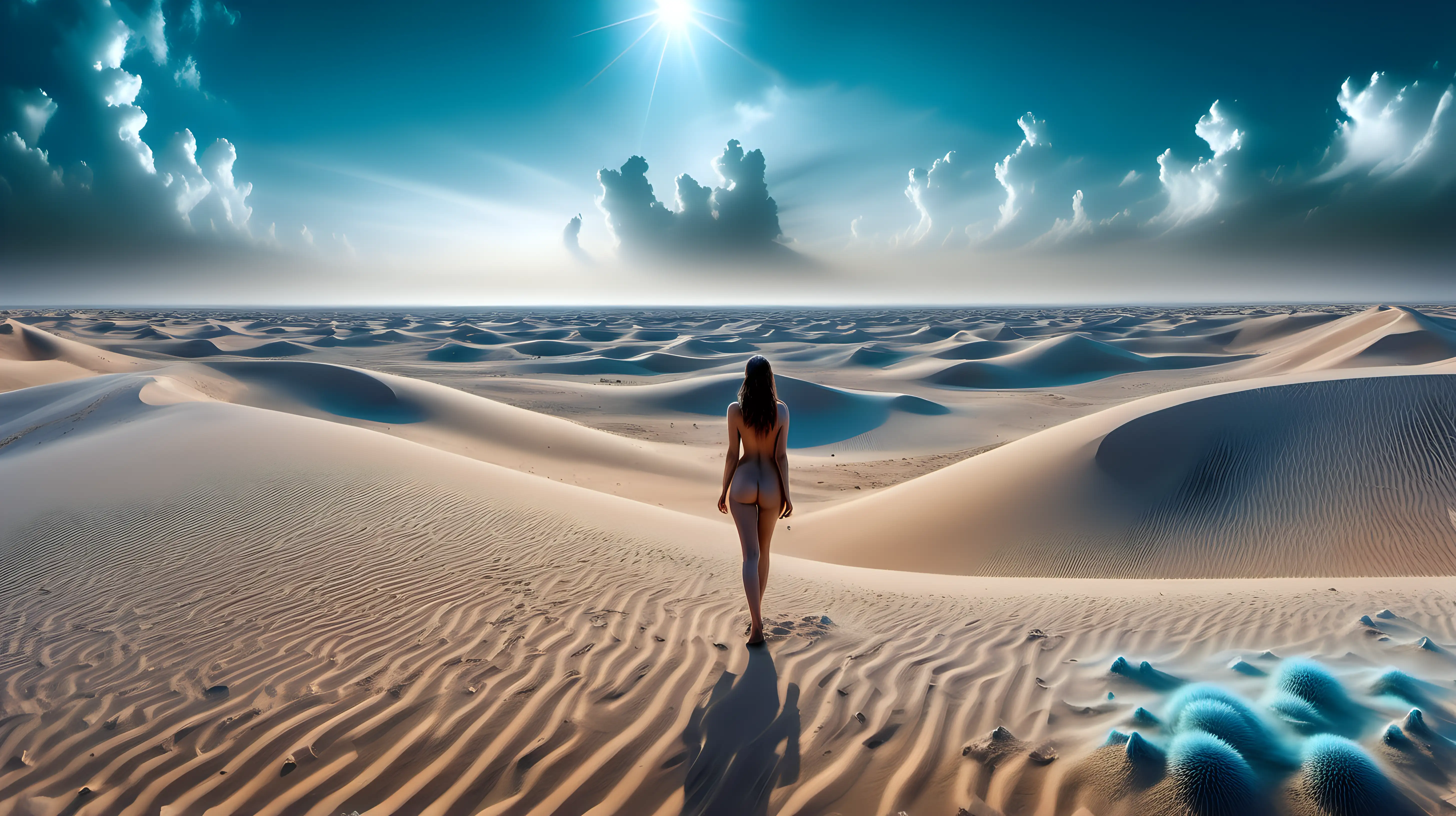 Psychedelic Nude Woman in Dubai Desert Landscape with Crystalline Mushrooms