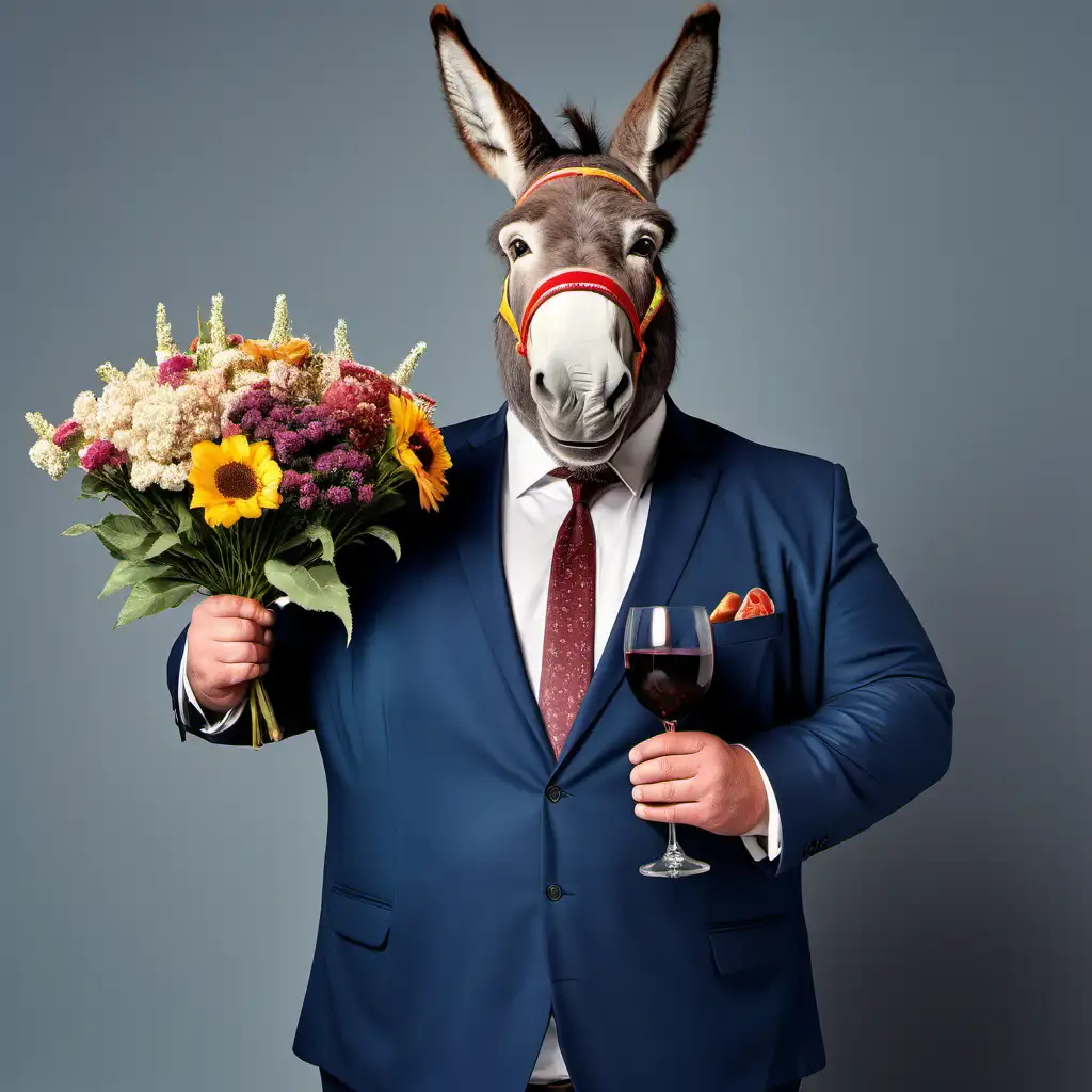A large man with the face of a donkey, dressed in a suit, holds flowers and wine in his hand