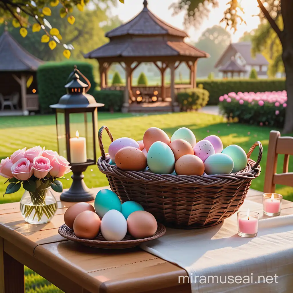 a wicker basket full of colorful eggs stands on a wooden table, next to the basket there is a vase with pink roses. There is also a linen napkin on the table and lanterns with candles inside. The image has a romantic, elegant character. The whole thing is in the garden, the background is blurry, there is a glass gazebo in the distance, the background is blurry. Picture in daylight