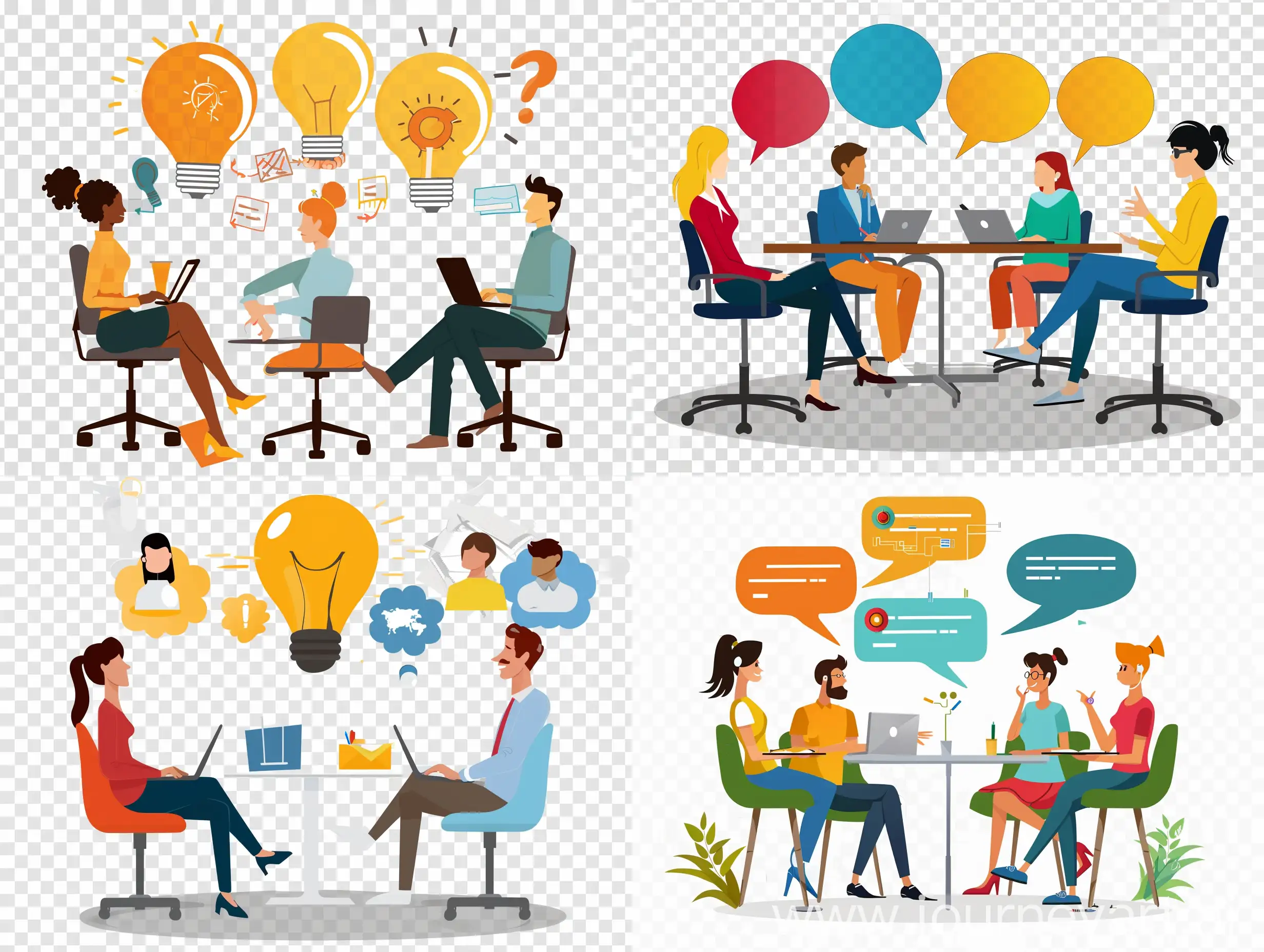 **Brainstorming office team and new idea generating process tiny person concept, transparent background. Creative and innovative marketing discussion and conversation , vector image 