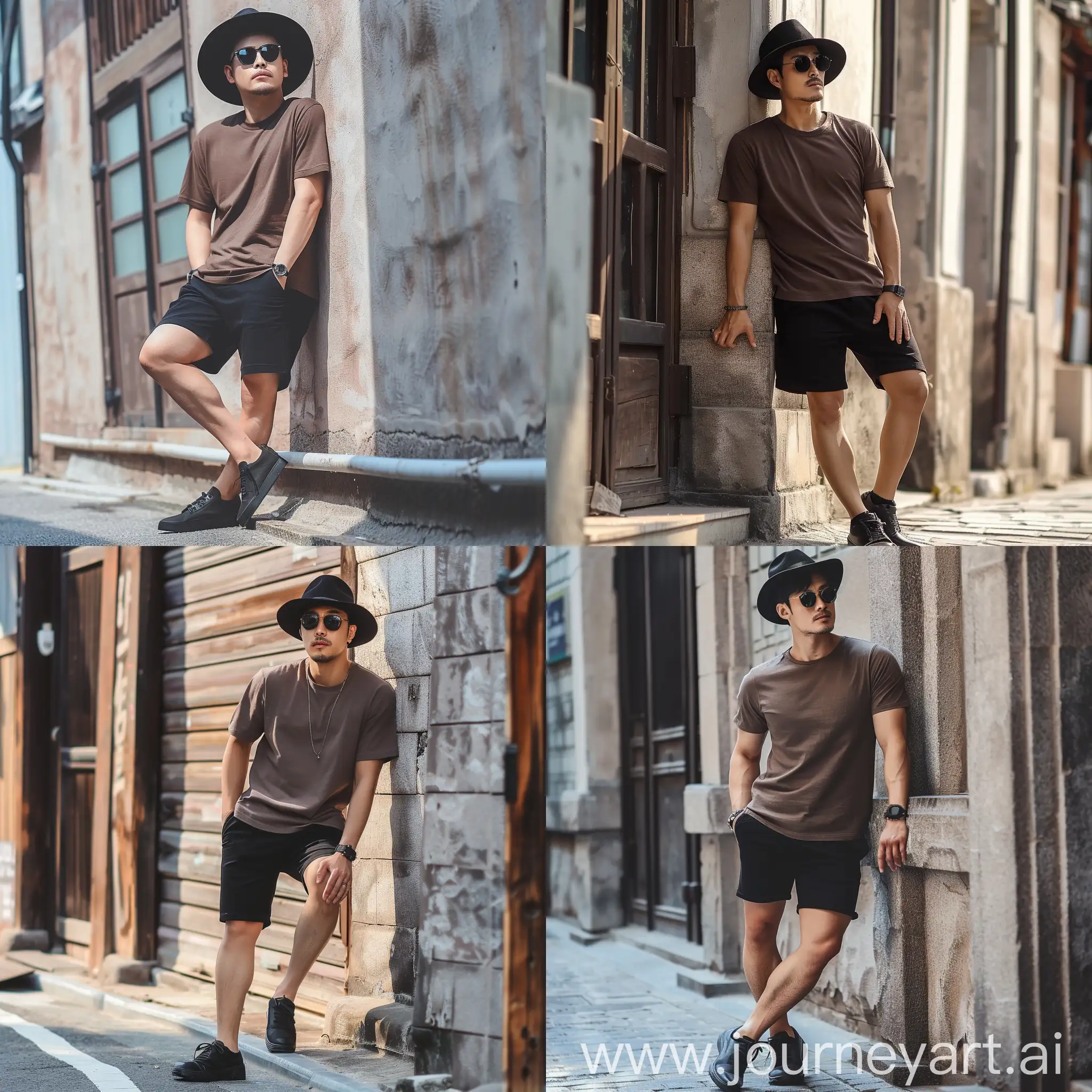 A 35-year-old handsome Korean man wearing a black hat, sunglasses, brown t-shirt, black shorts, and black shoes, leaning against a wall with an expression of looking to the left, with a background of a building wall, realistic HD