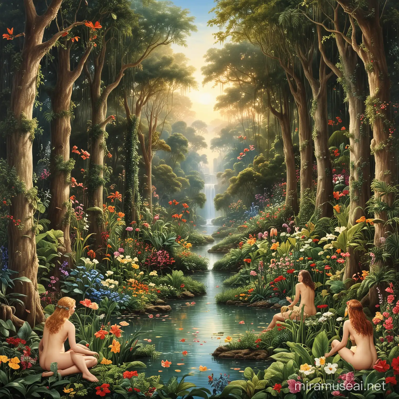 Lush Garden of Eden Landscape with Adam and Eve