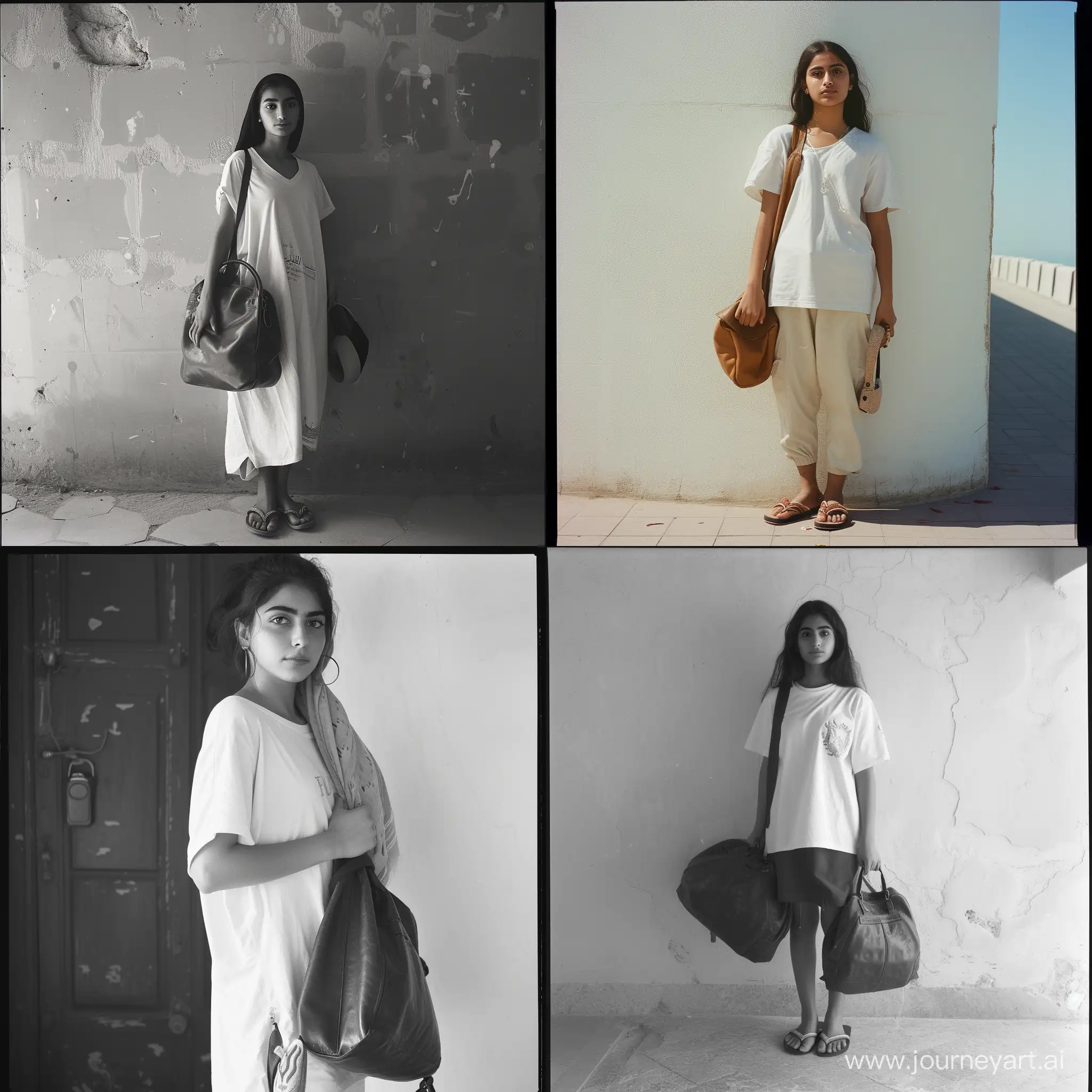 18 year old saudi female doing modeling. She is holding a leather bag and wearing a white t-shirt and flip flops shot with kodak gold 400