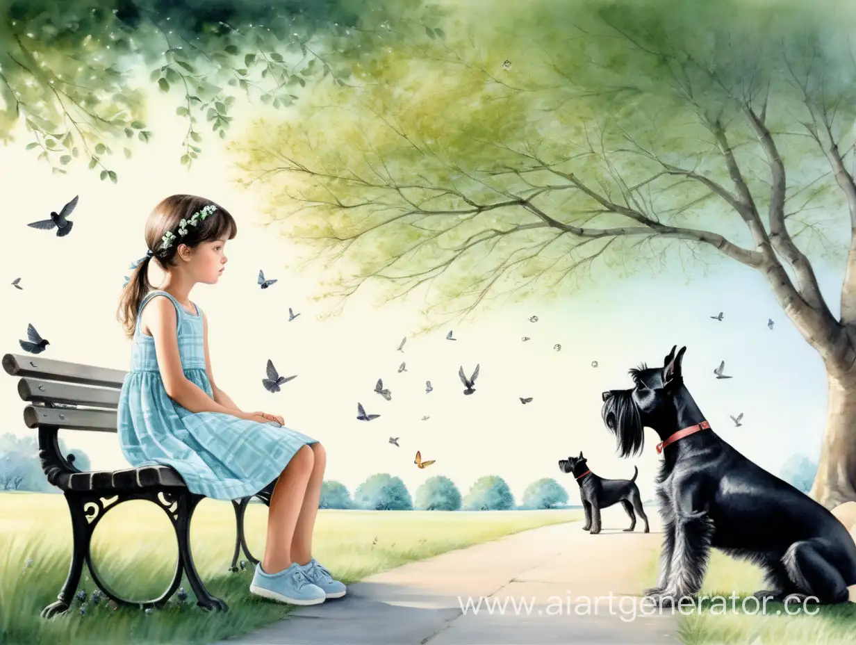 Tranquil-Watercolor-Scene-Little-Girl-with-Schnauzer-in-Park