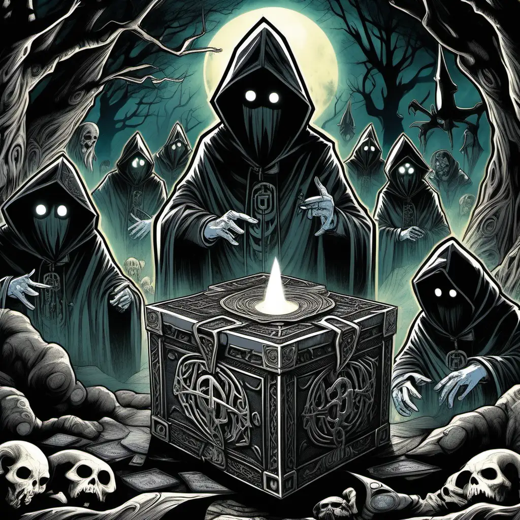 The card box exterior for "Cultists of the Cul de Sac" features a humorous cartoon illustration that sets the tone for the wacky and occult theme of the game. Against a backdrop of a moonlit suburban neighborhood, four shadowy figures in hooded cloaks engage in a clandestine ritual. The scene is bathed in an eerie glow, with mystical symbols and arcane glyphs adorning the edges of the box, hinting at the dark secrets hidden within.

In the foreground, a mysterious portal crackles with ethereal energy, serving as the focal point of the artwork. Emerging from the portal is a glimpse of the dark deity the cultists seek to summon, its presence felt but not fully revealed. The overall aesthetic is both enigmatic and intriguing, inviting players into a world of hidden mysteries and occult conspiracies.