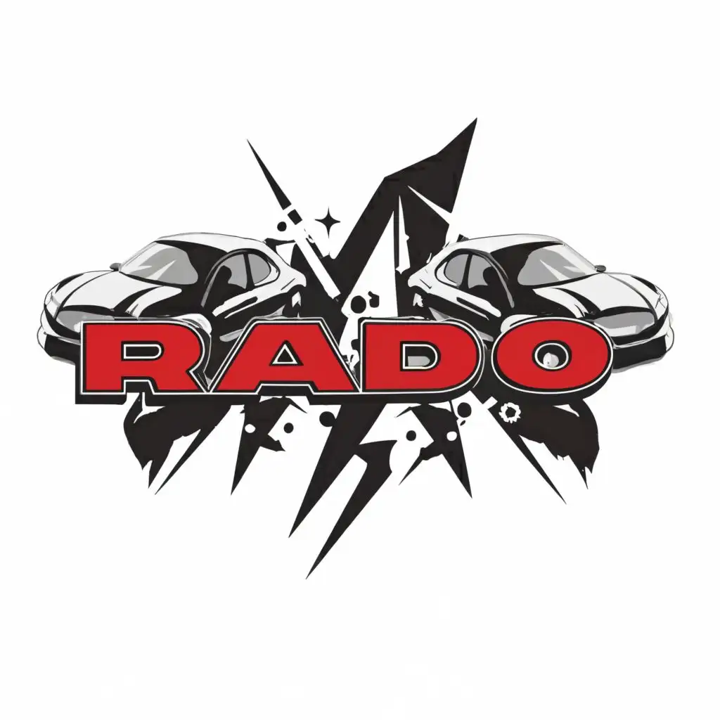 logo, two crashed cars, with the text "RADO", typography, be used in Automotive industry