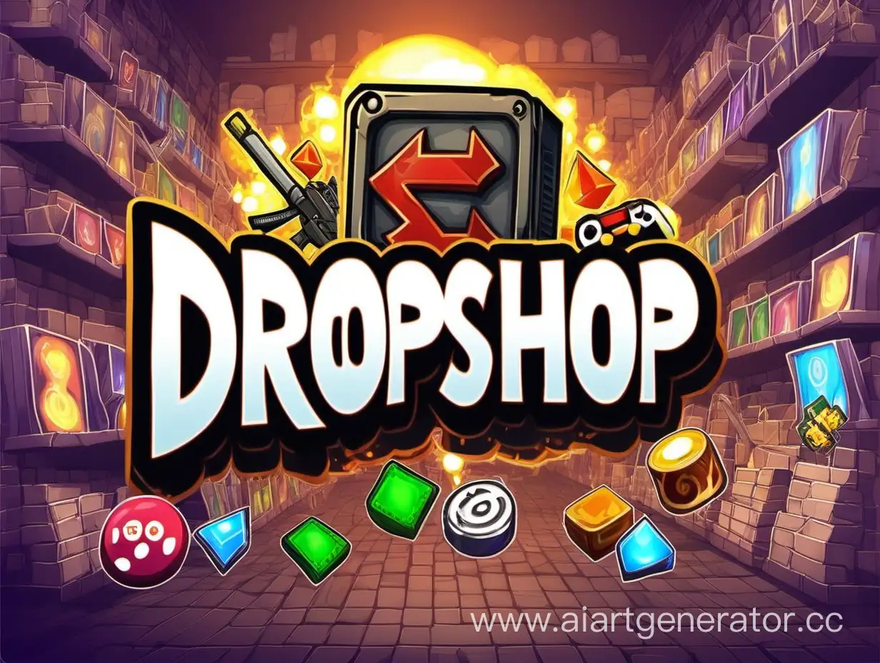 Картинка с фоном популярных онлайн игр с надписью DROPSHOP GAMES
