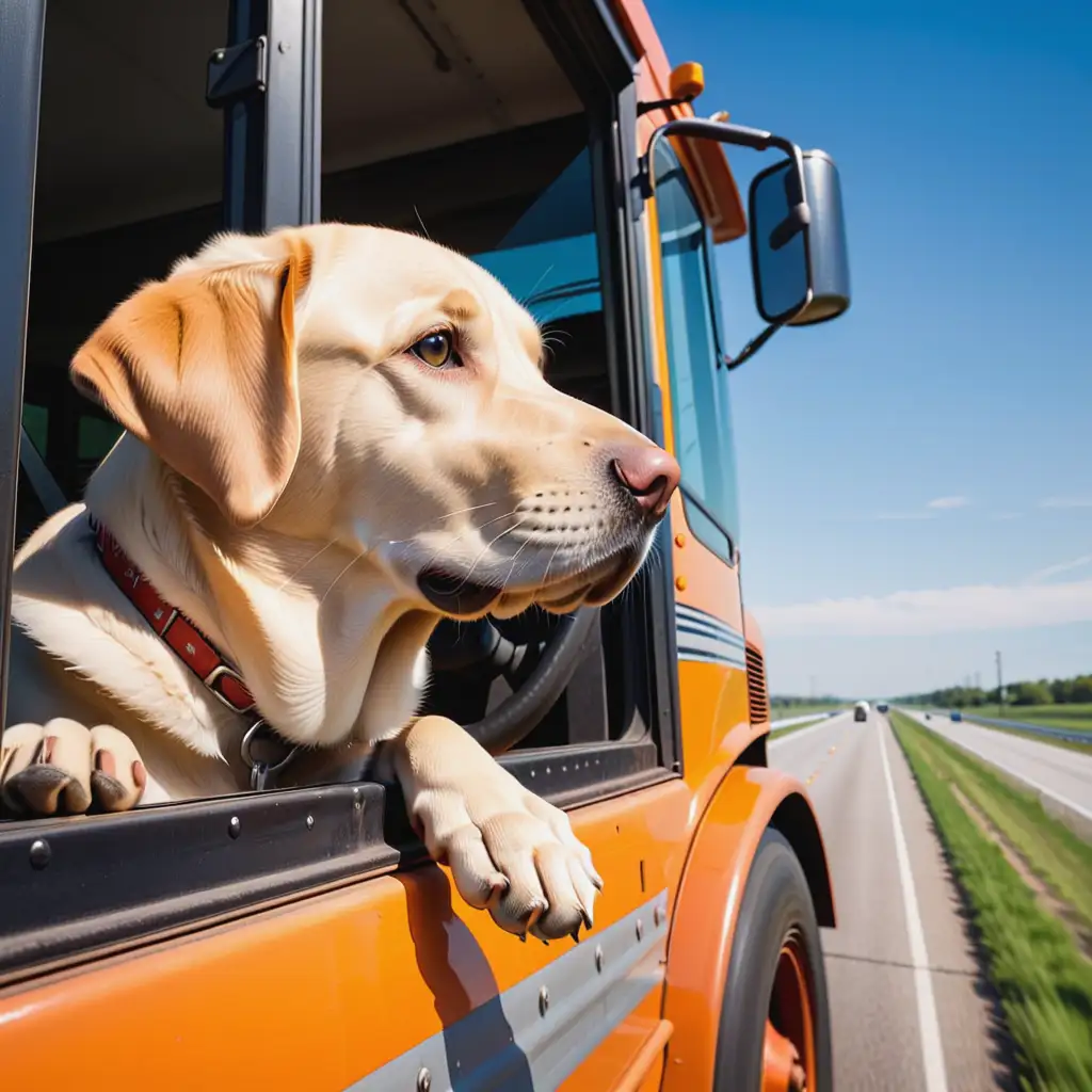 labrador retriever with his head out the window of a tractor trailer as it travels down the highway