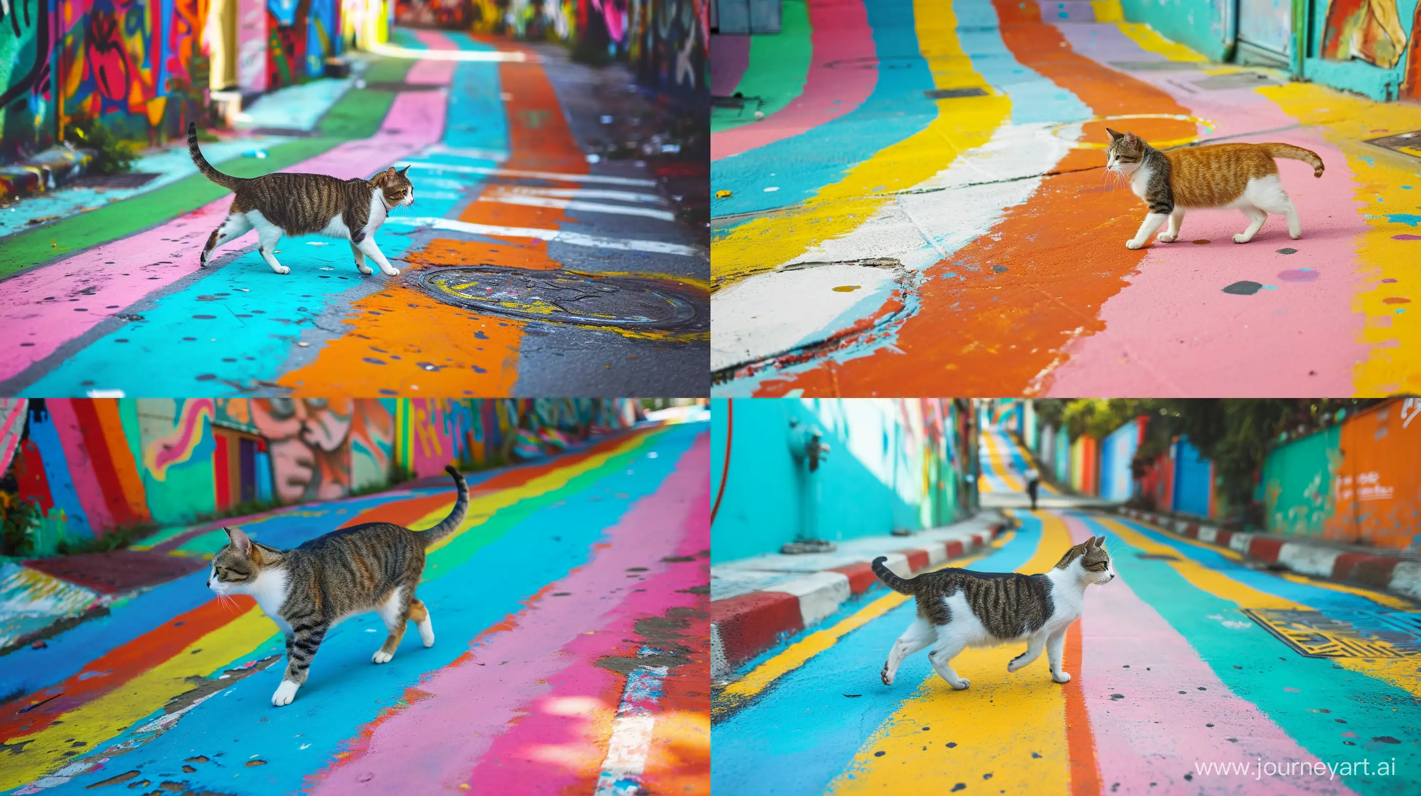 Snap a picture of a cat crossing a colorful mural-painted street, its playful curiosity matching the vibrant art for a lively desktop background. --ar 16:9 --v 6.0