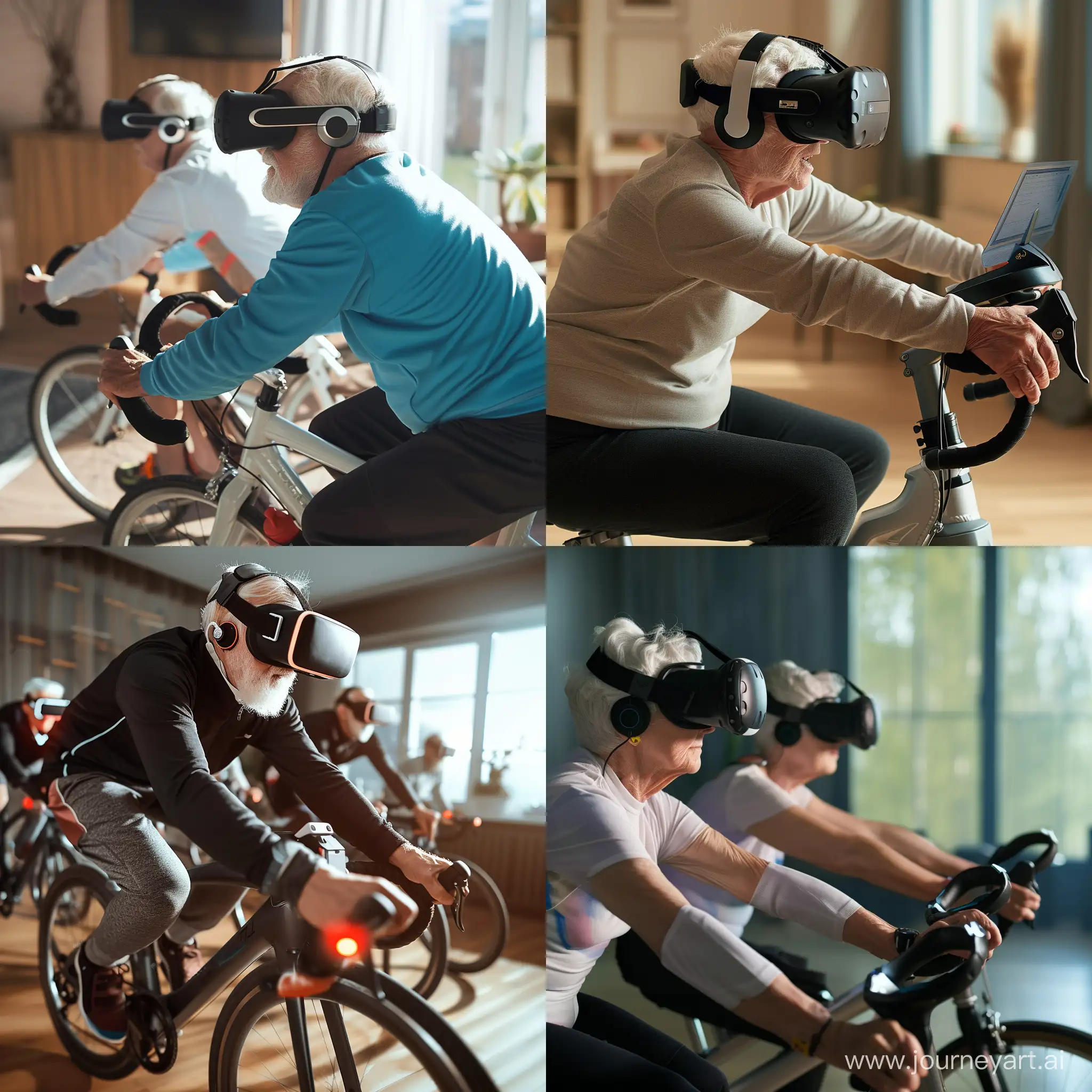 Please build a video game picture representing older adults wearing virtual reality headset while cycling on a home training bicycle 
