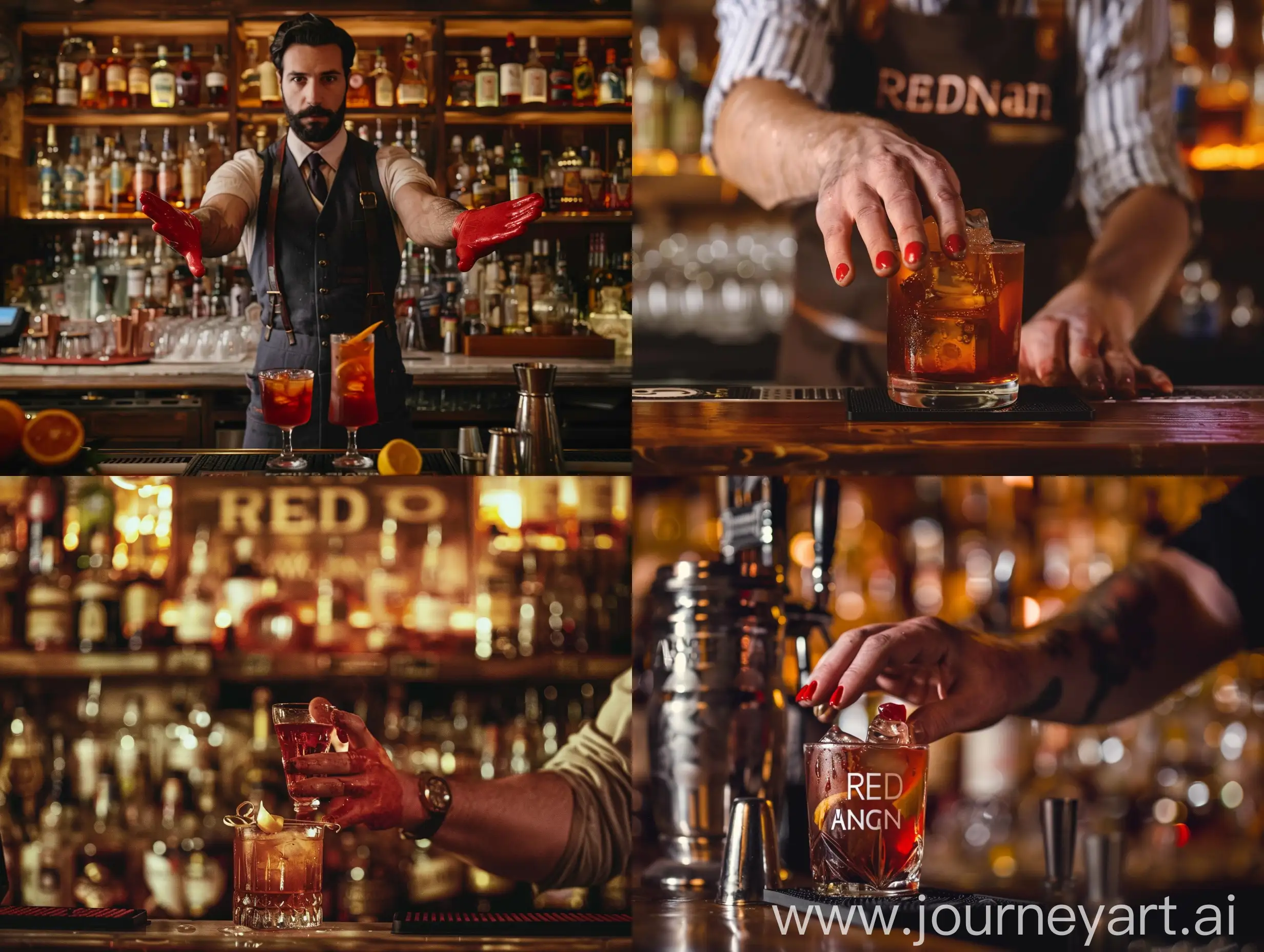 create a film poster of can movie called 'Red Hands' featuring a barman that makes the world's best negronis