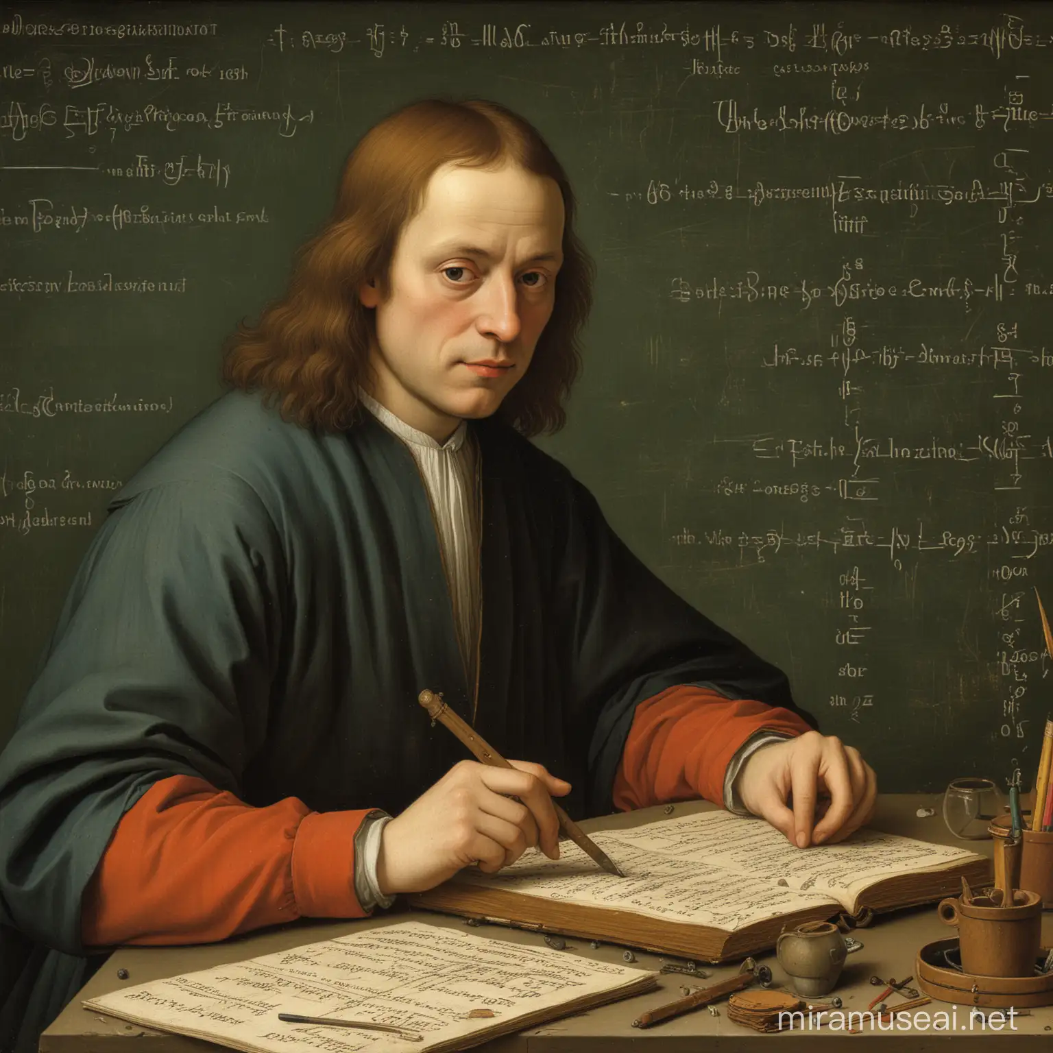 Young Mathematician with Slide Rule and Formulas on Blackboard