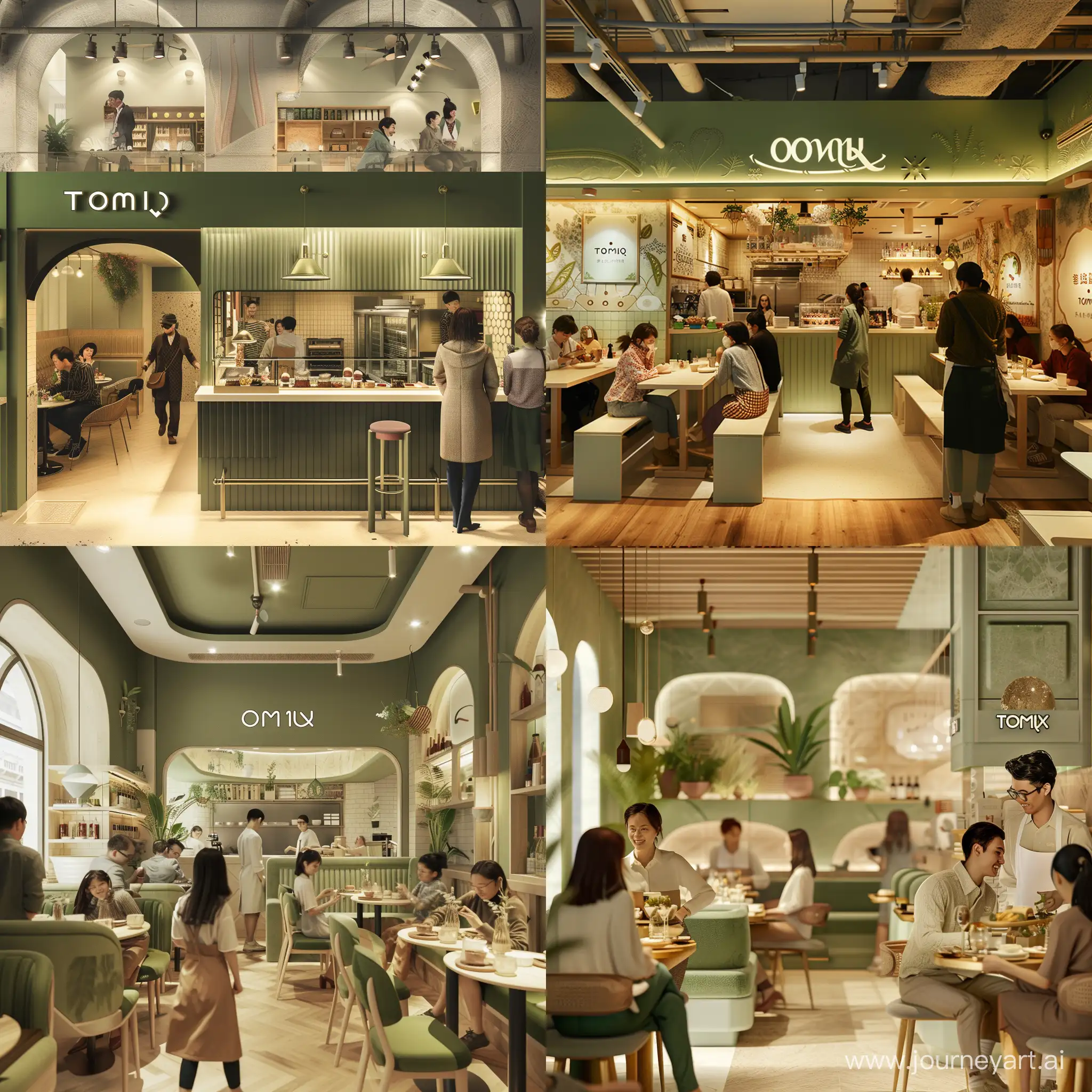  "Create an image of a restaurant named TOMIQ. The restaurant will have a cool tone with green and cream colors. Inside the restaurant, there will be a cozy atmosphere filled with customers and staff."