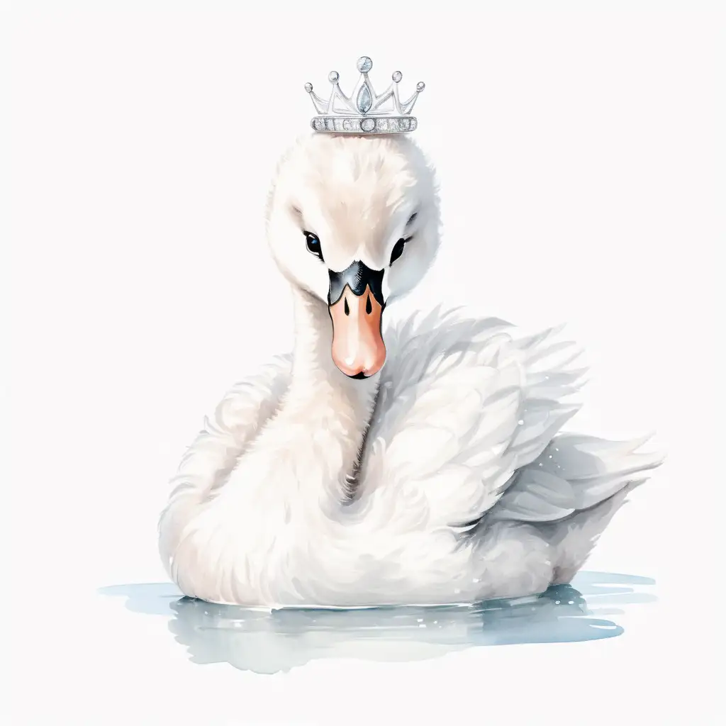 minimalist, flat art, vector style,watercolor design of a cute white baby swan wearing a silver tiara, isolated on a solid white background