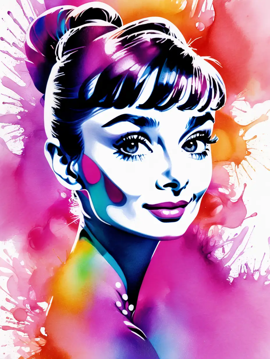 Audrey Hepburn Aquarelle Portrait with Vibrant Colors