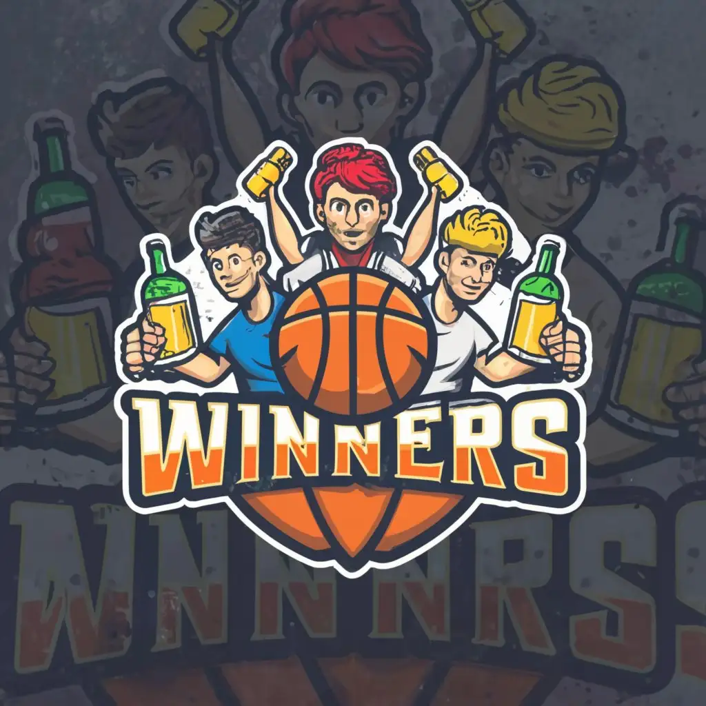 a logo design,with the text "Winners", main symbol:Basketball, beers, friends hanging, shower,Moderate,be used in Sports Fitness industry,clear background