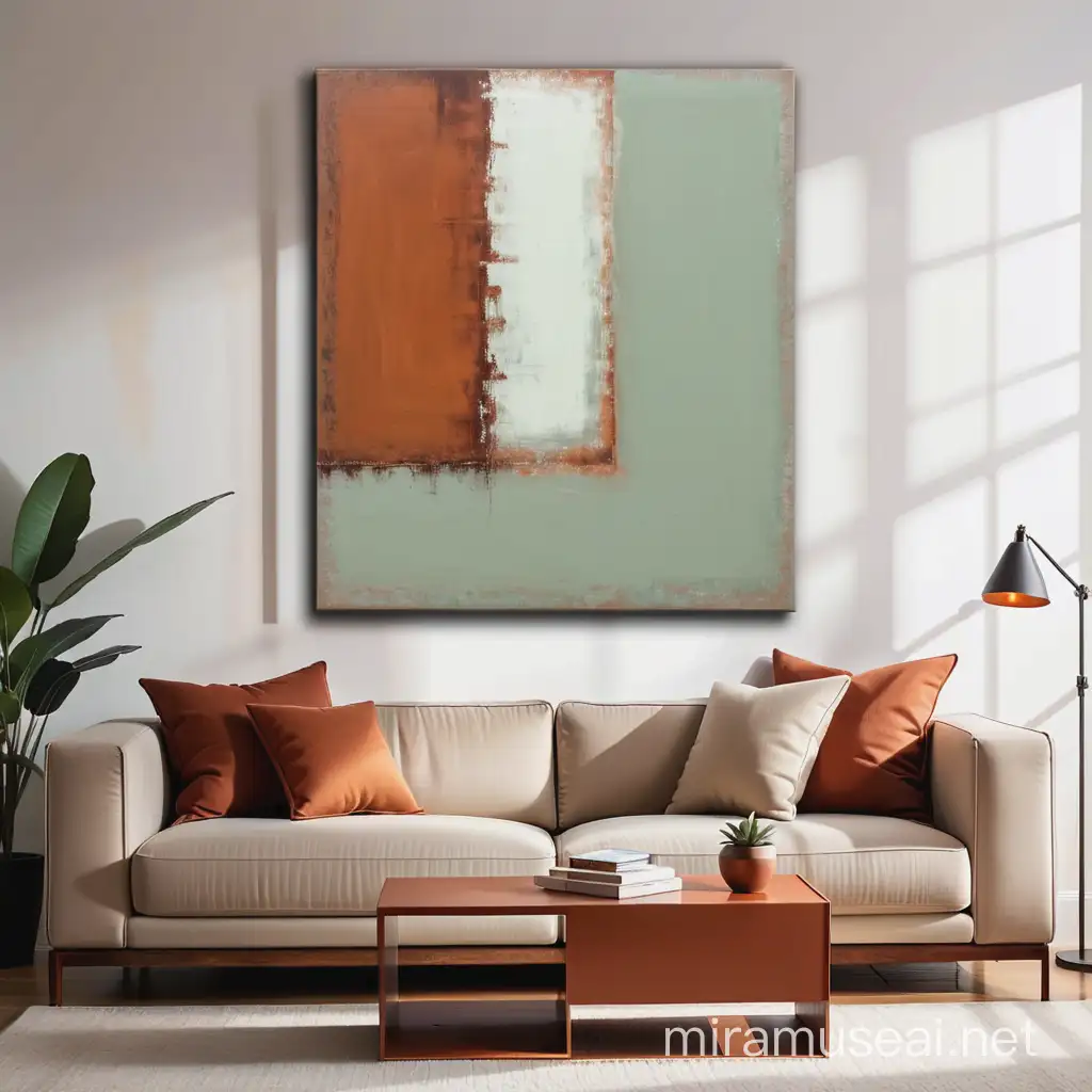 modern earthy neutral colors sage rusty with one large square wall art