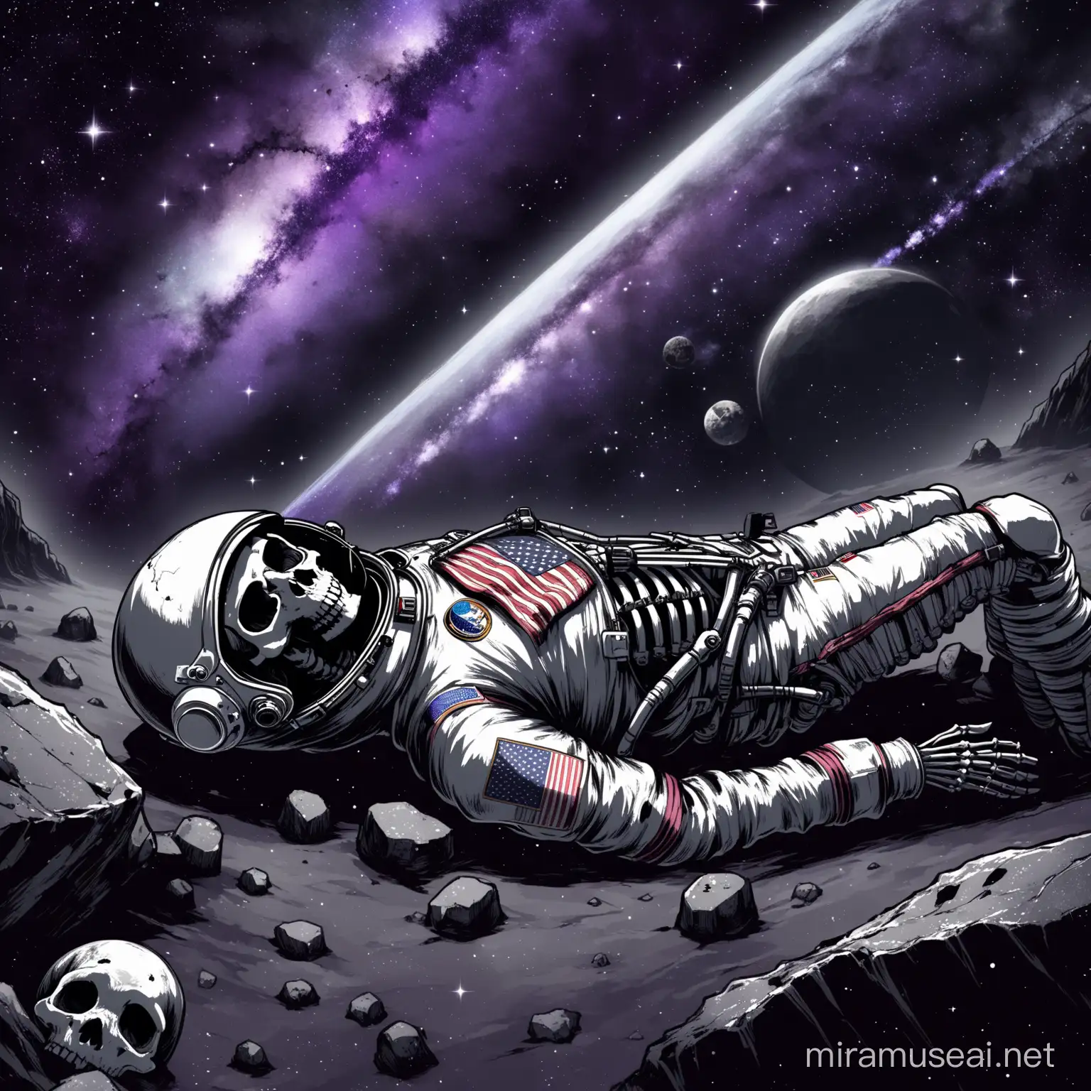 Decaying Astronaut Skeleton Resting Against Lunar Rocks in Noir Space Scene