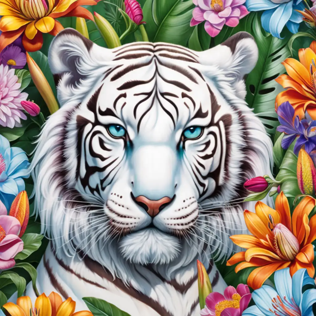 A white tiger head in very colored exotic flowers with fliwers on the face and ears