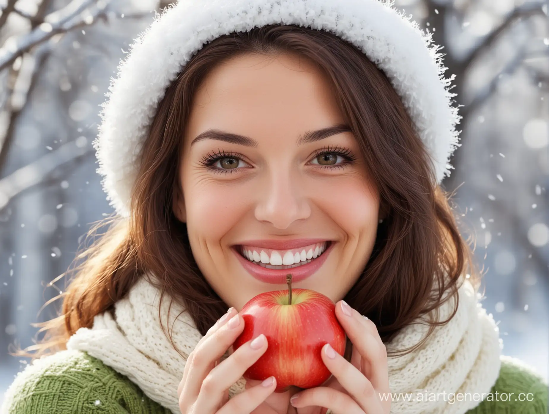 улыбающаяся женщина с яблоком, белоснежная улыбка, крупным планом, высокое качество