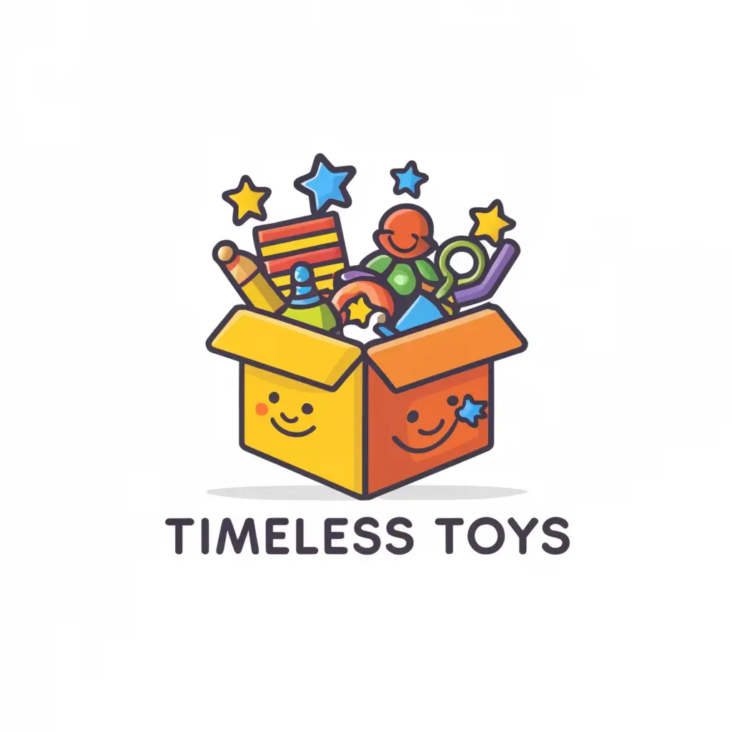 a logo design,with the text "TIMELESS TOYS", main symbol:I want it with smiley box full of toys, stars, Moderate, clear background,Moderate,clear background